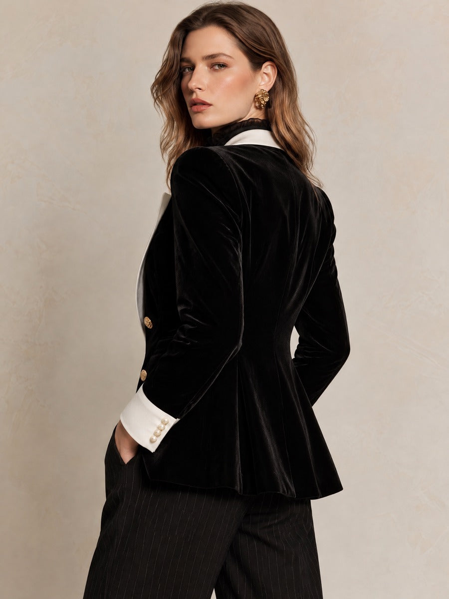 Black Velvet Satin Trim Gold Decorative Button Blazer