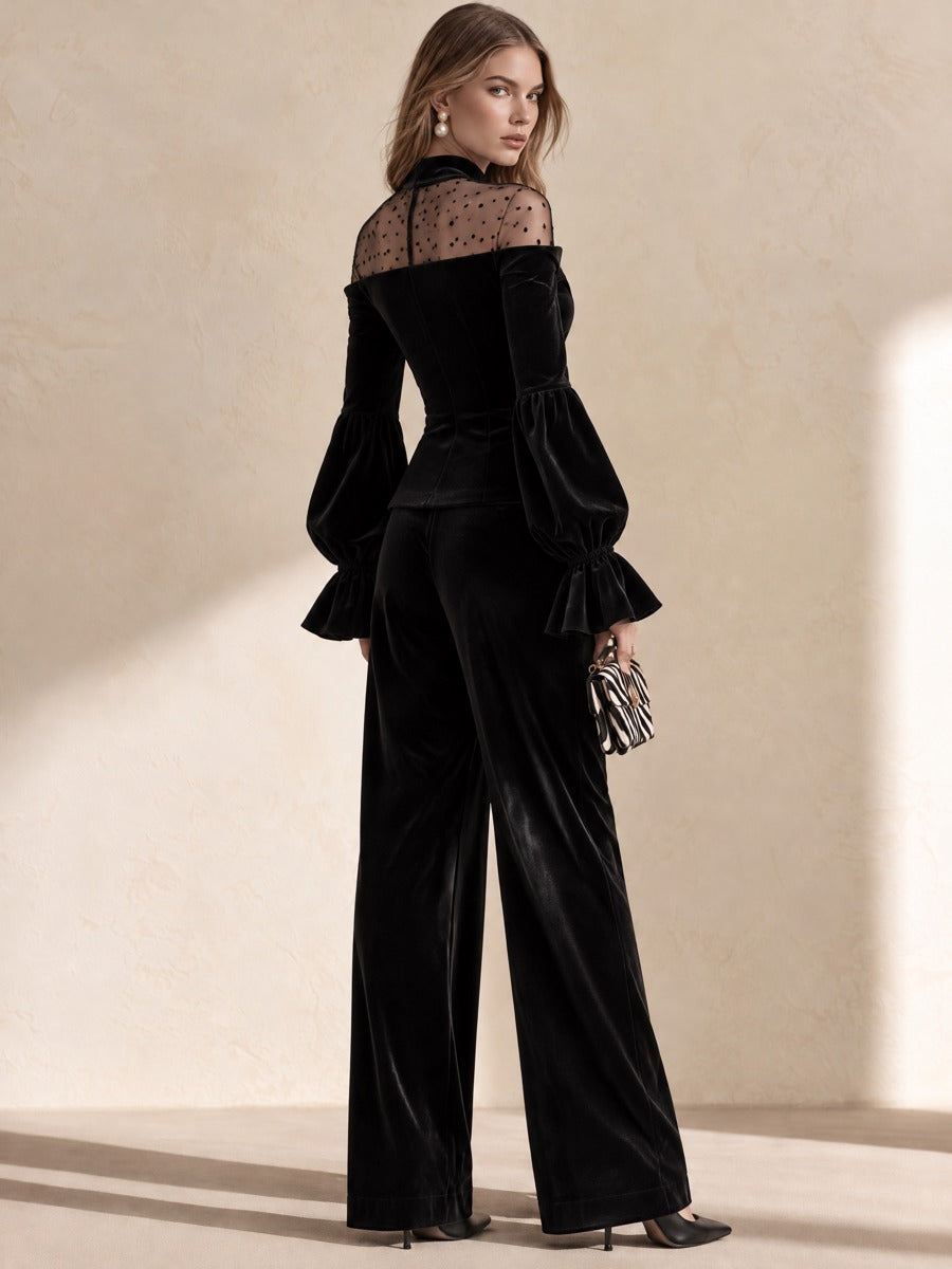Black Velvet Polka Dot Mesh High Neck Wide Leg Pants Set