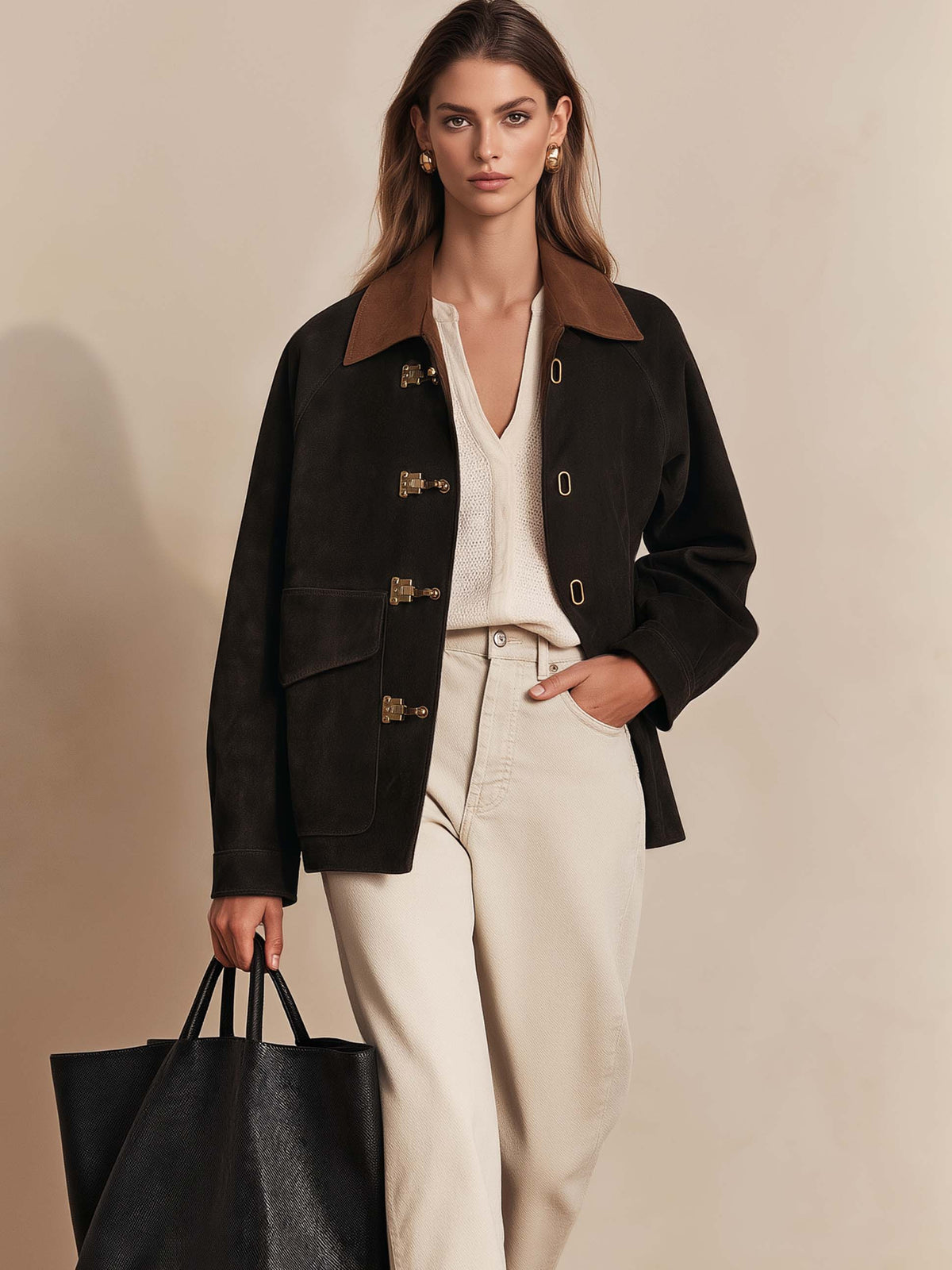 Suede Contrast Collar Jacket Coat