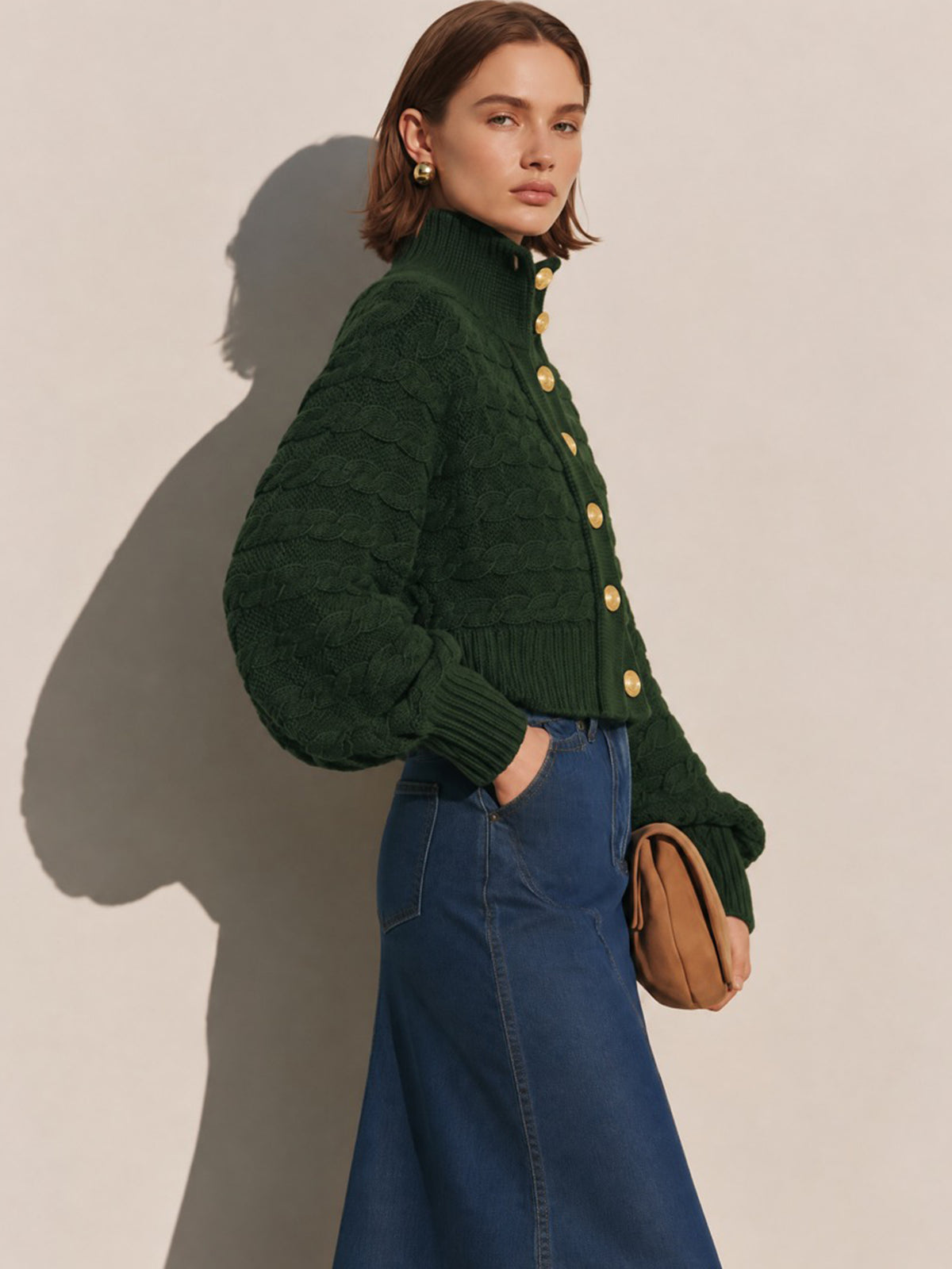 Cable Knit High Collar Cropped Cardigan Knitwear