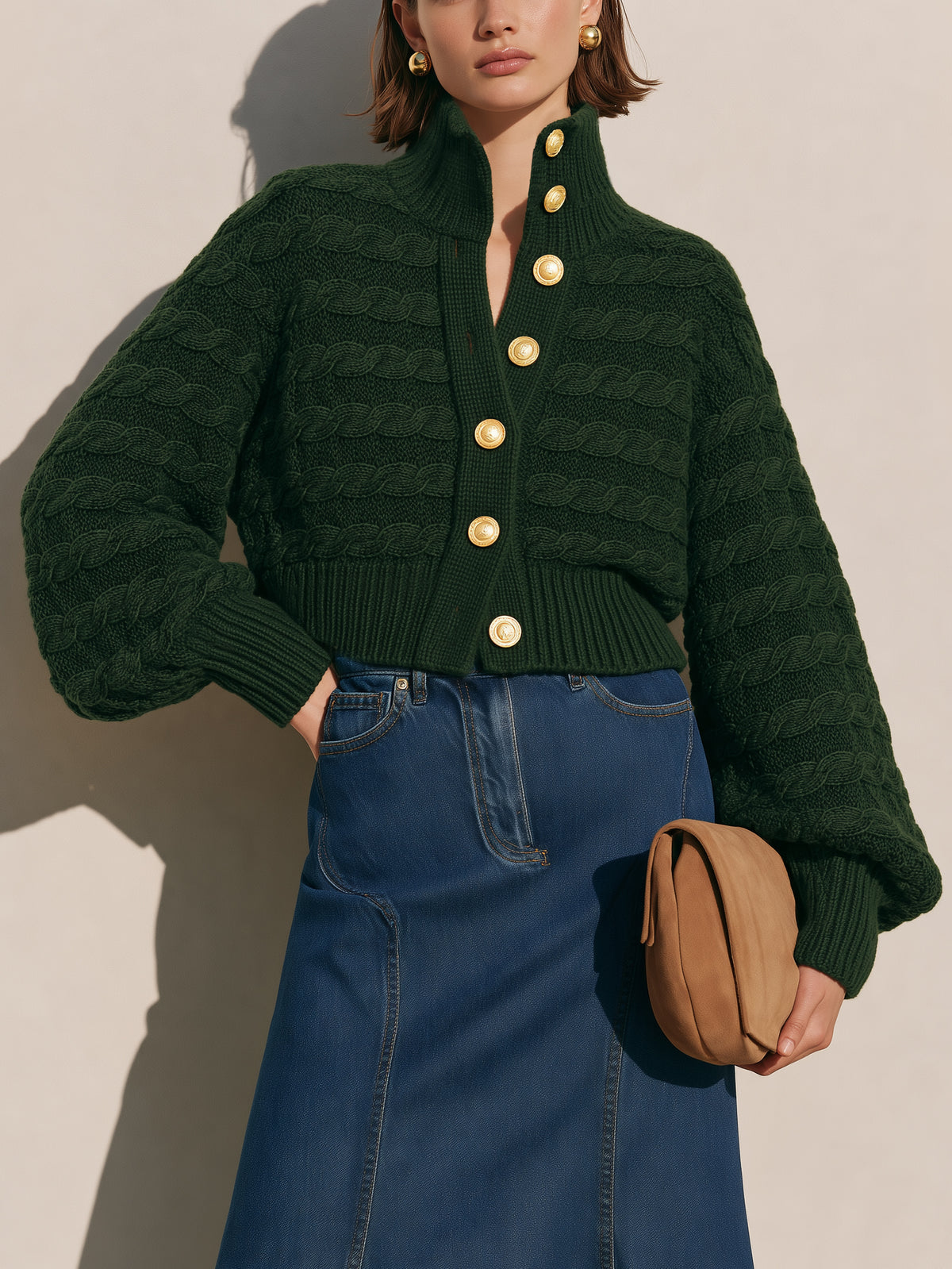 Cable Knit High Collar Cropped Cardigan Knitwear