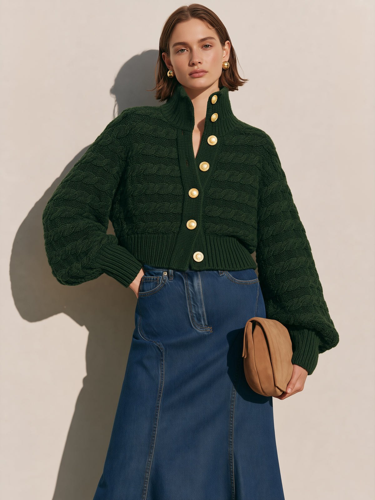 Cable Knit High Collar Cropped Cardigan Knitwear