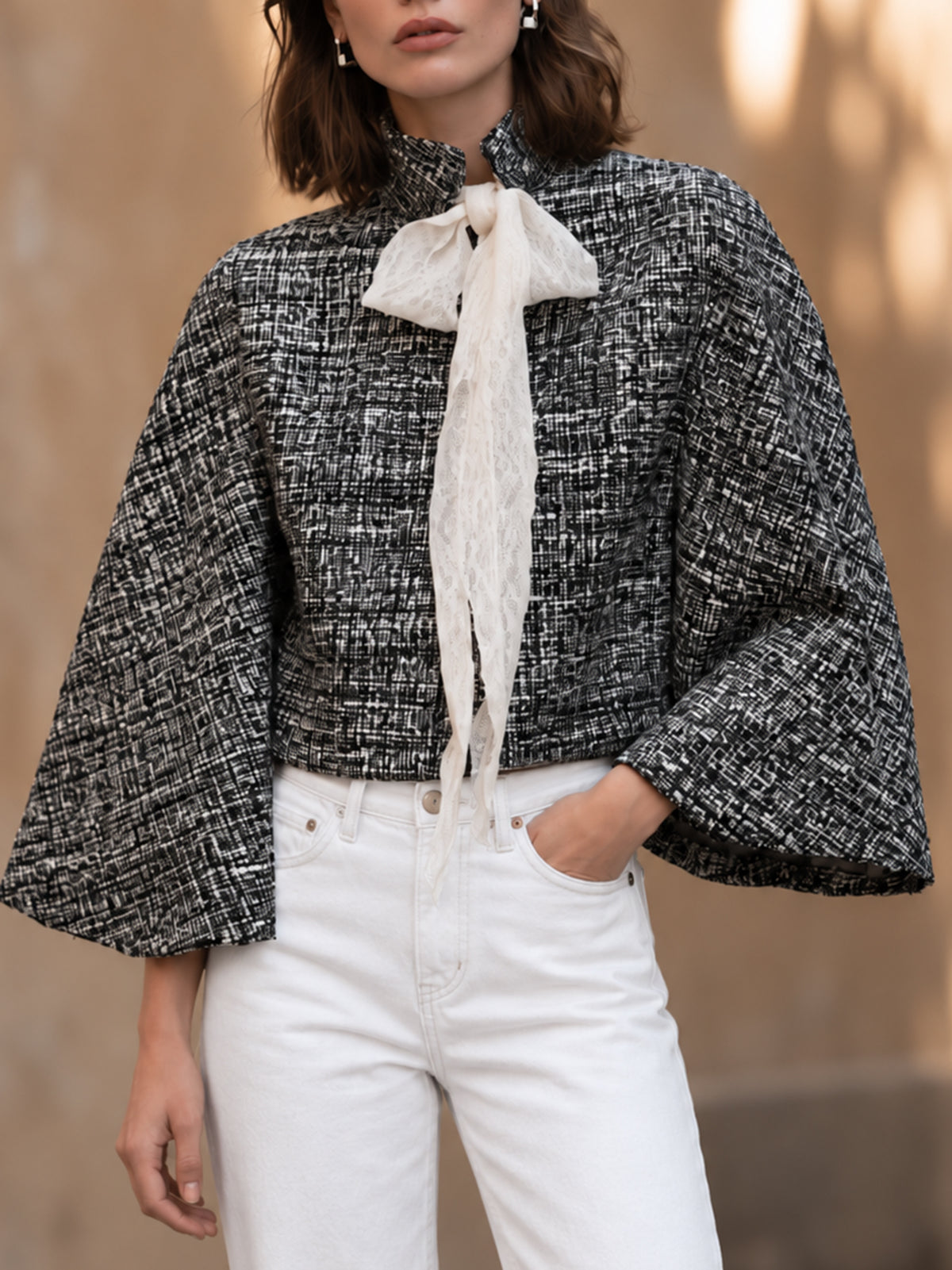 Black And White Tweed Cropped Jacket With Lace Bow Tie