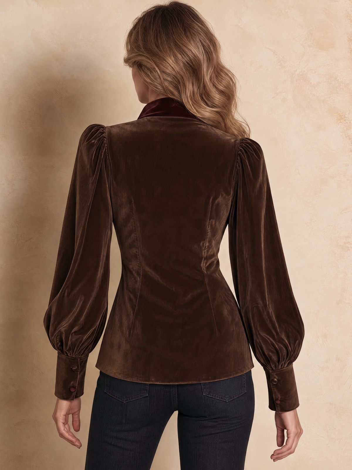 Dark Brown And Burgundy Velvet Bow-Neck Blouse