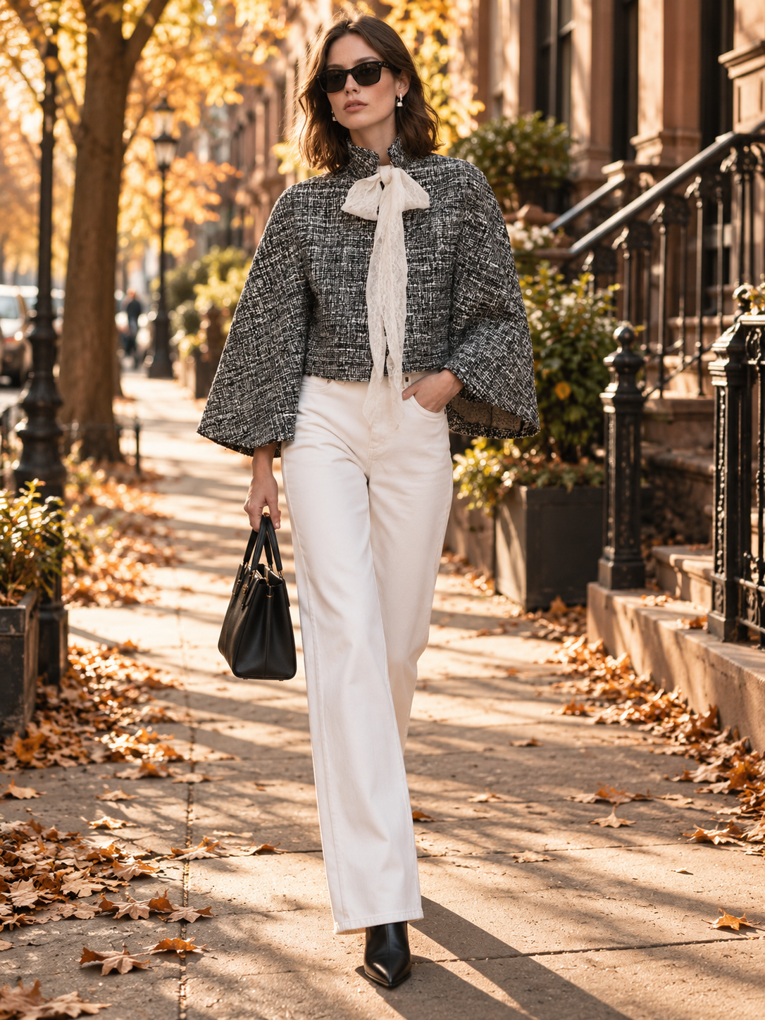 Black And White Tweed Cropped Jacket With Lace Bow Tie