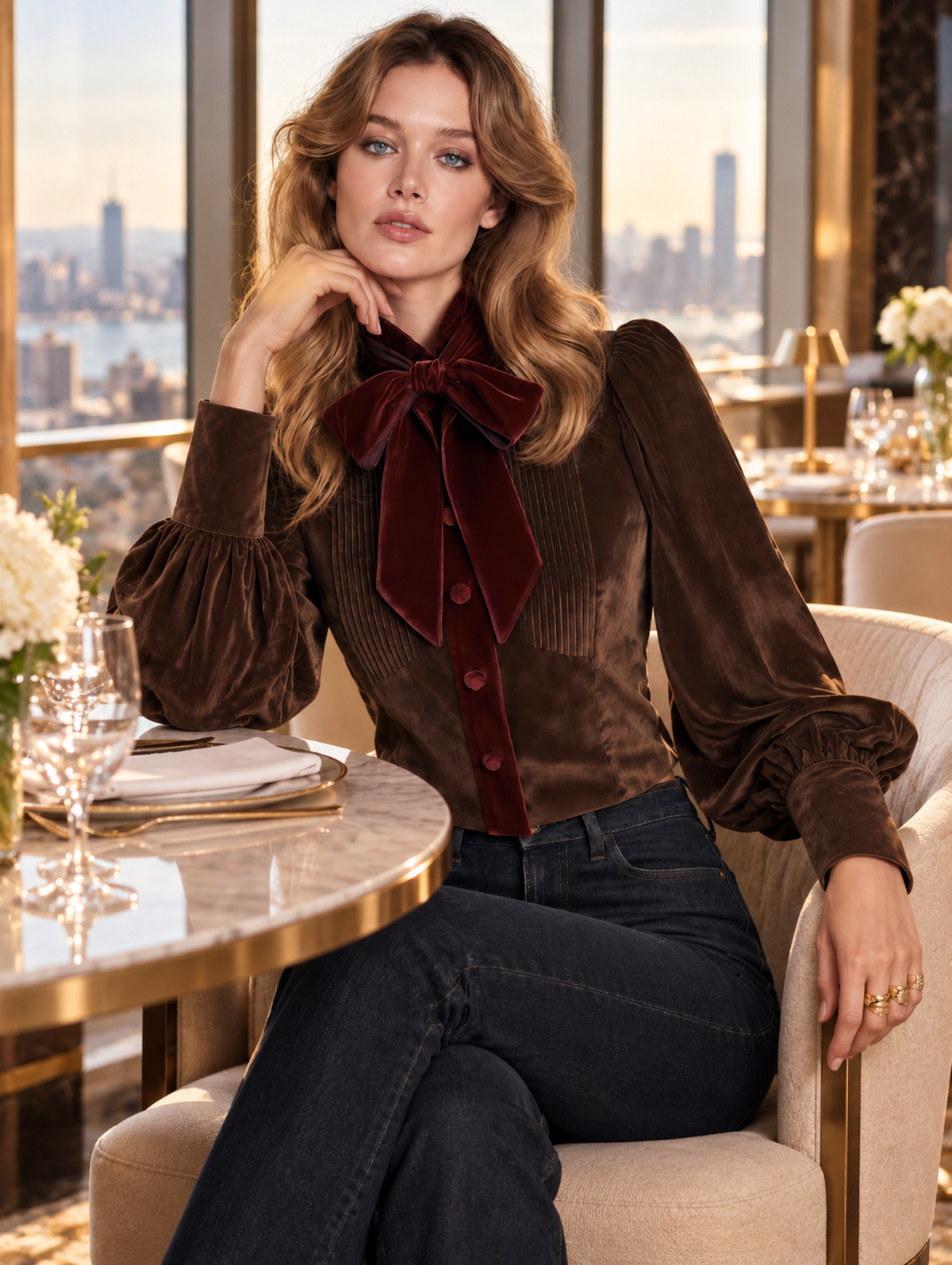Dark Brown And Burgundy Velvet Bow-Neck Blouse