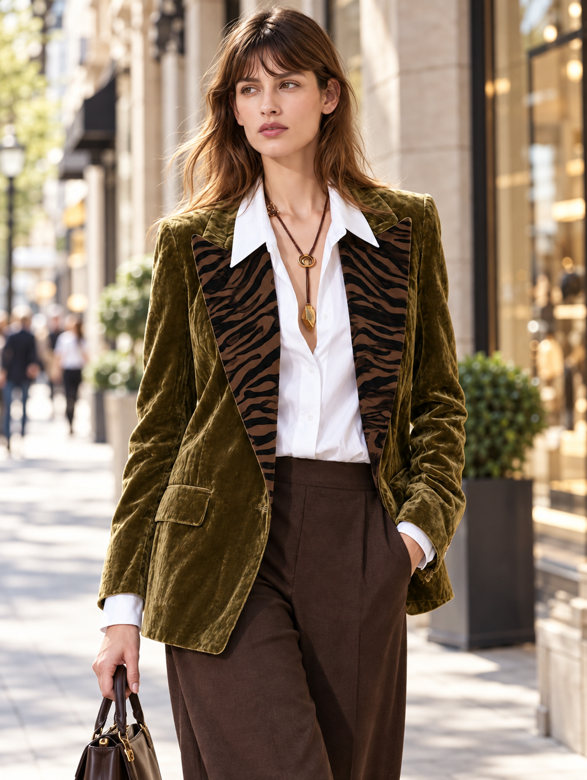 Olive Green Velvet Blazer With Zebra Print Contrast Lapels