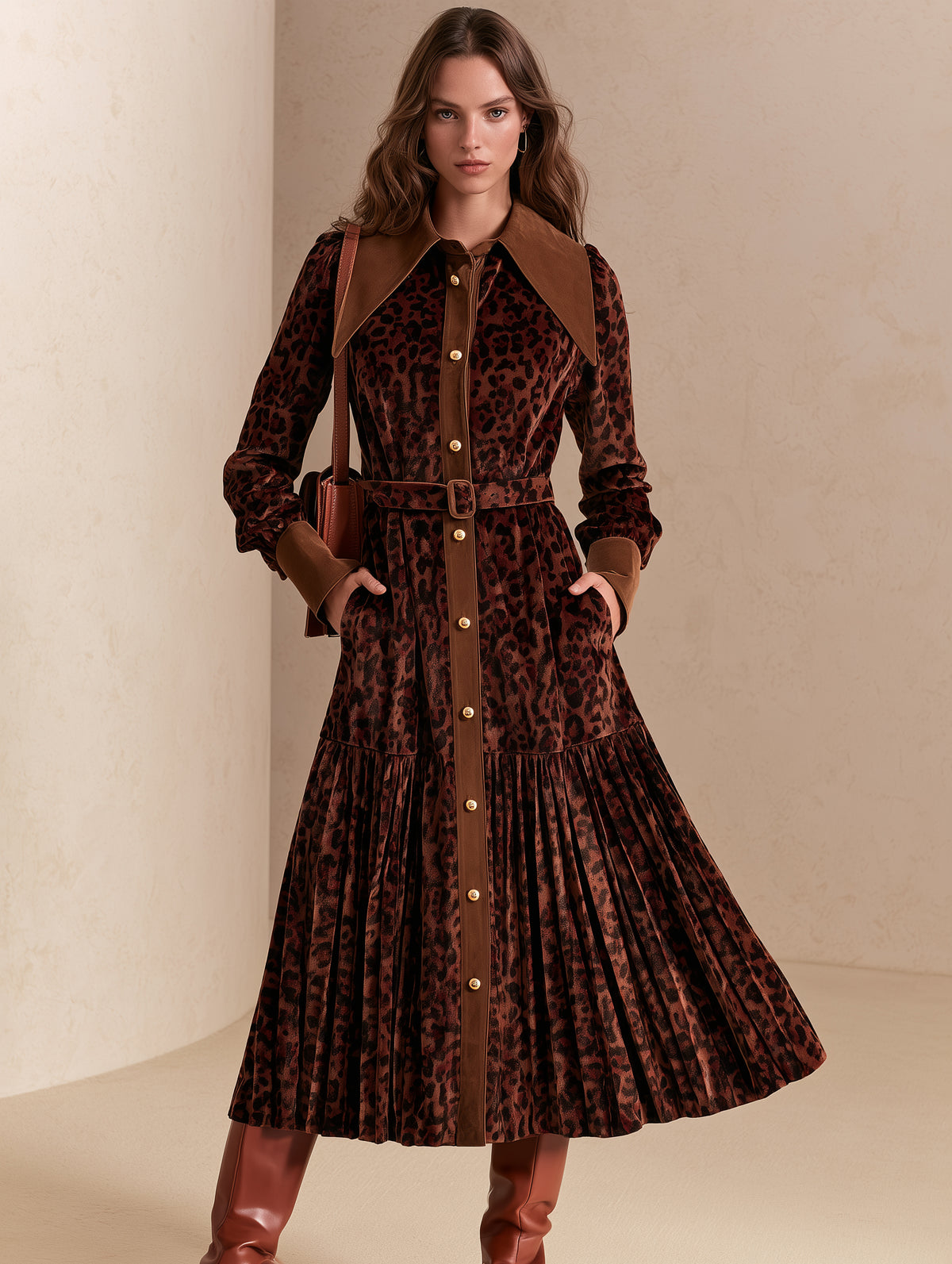 Brown Leopard Print Velvet Belted Shirt Dress With Contrast Collar And Pleated Hem