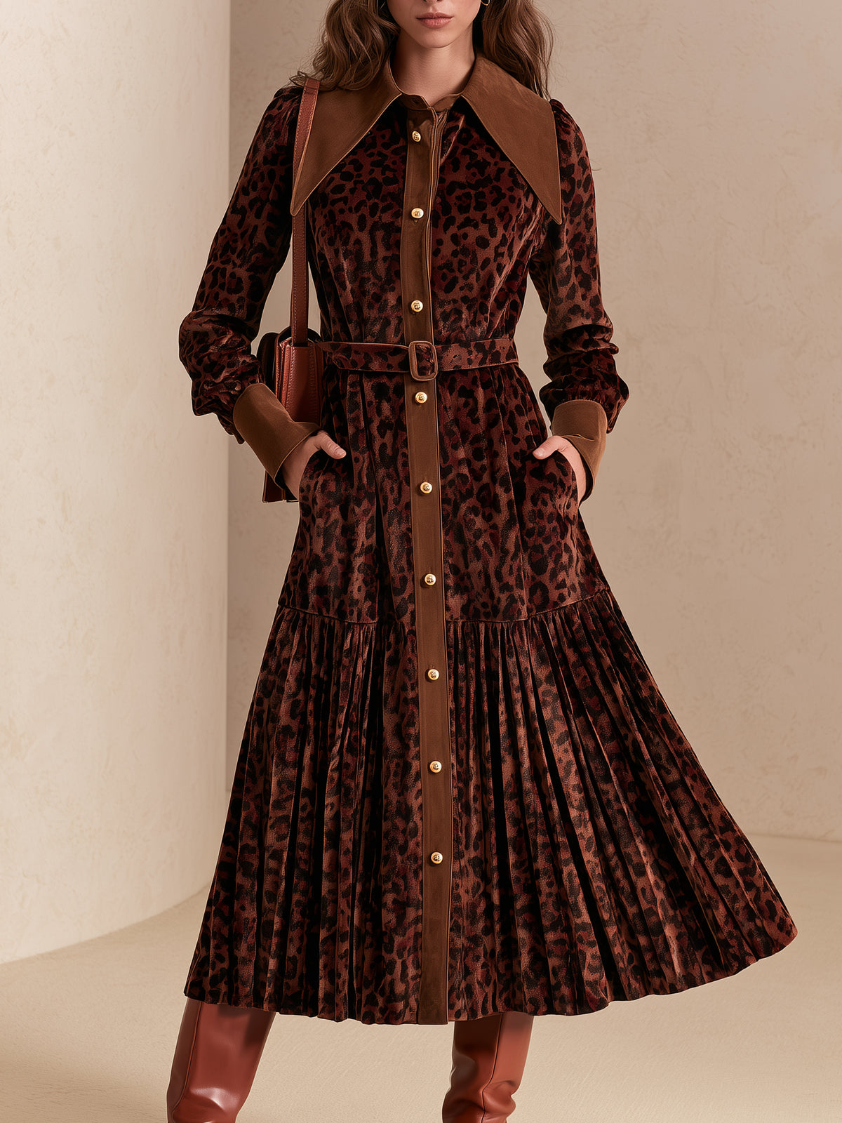 Brown Leopard Print Velvet Belted Shirt Dress With Contrast Collar And Pleated Hem