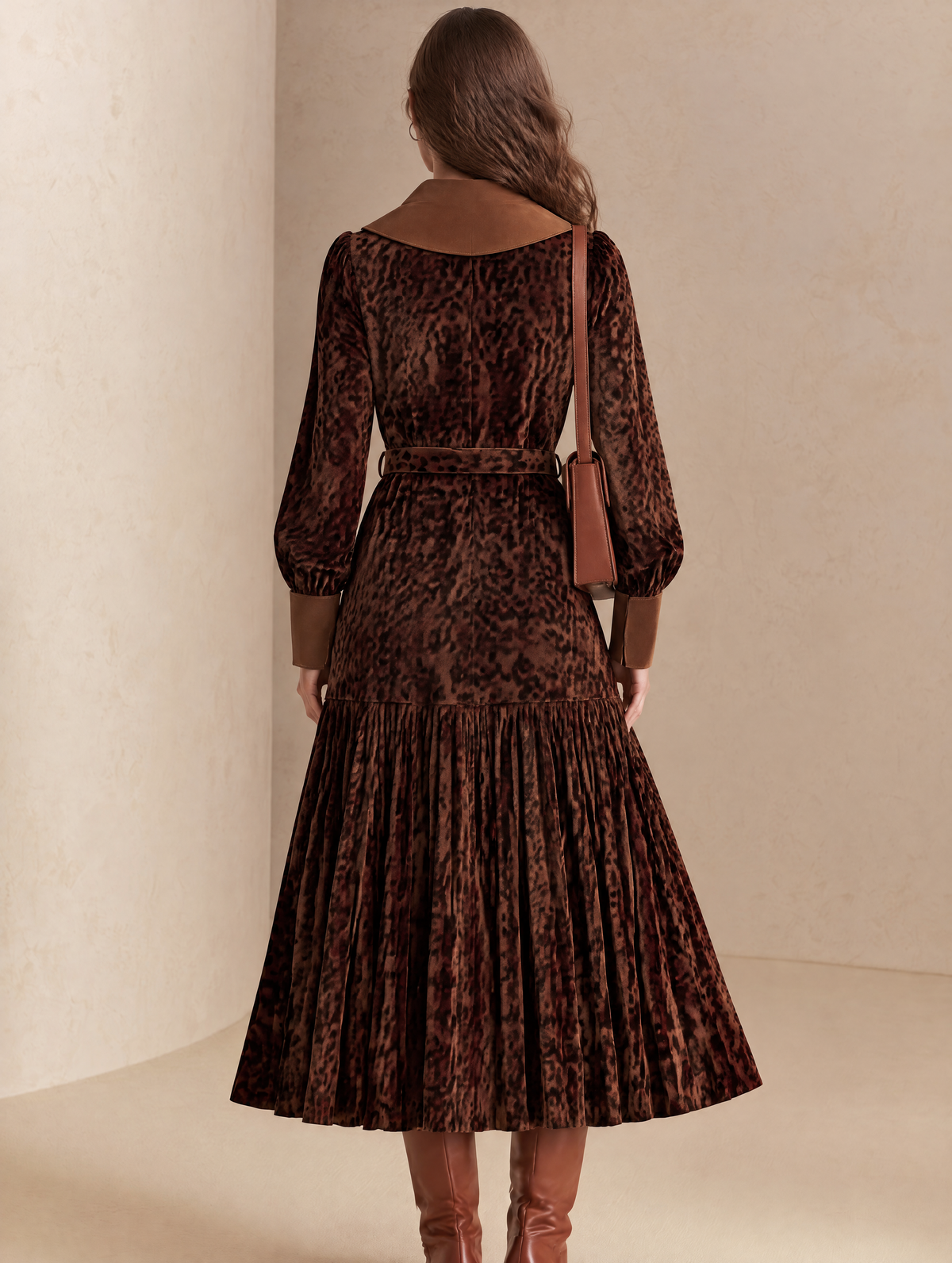Brown Leopard Print Velvet Belted Shirt Dress With Contrast Collar And Pleated Hem