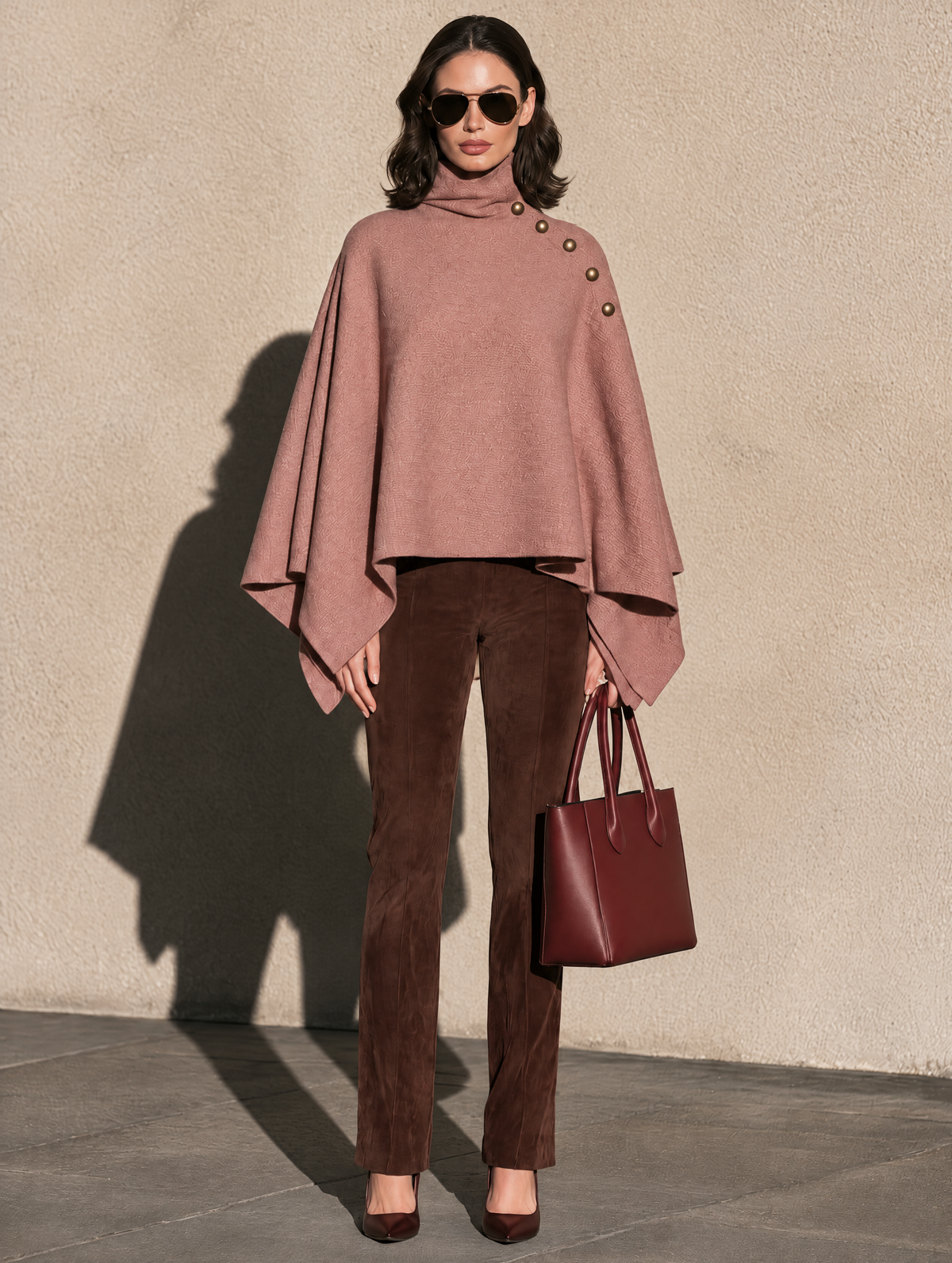 Dusty Rose Turtleneck Cape Poncho With Antique Gold Shoulder Buttons