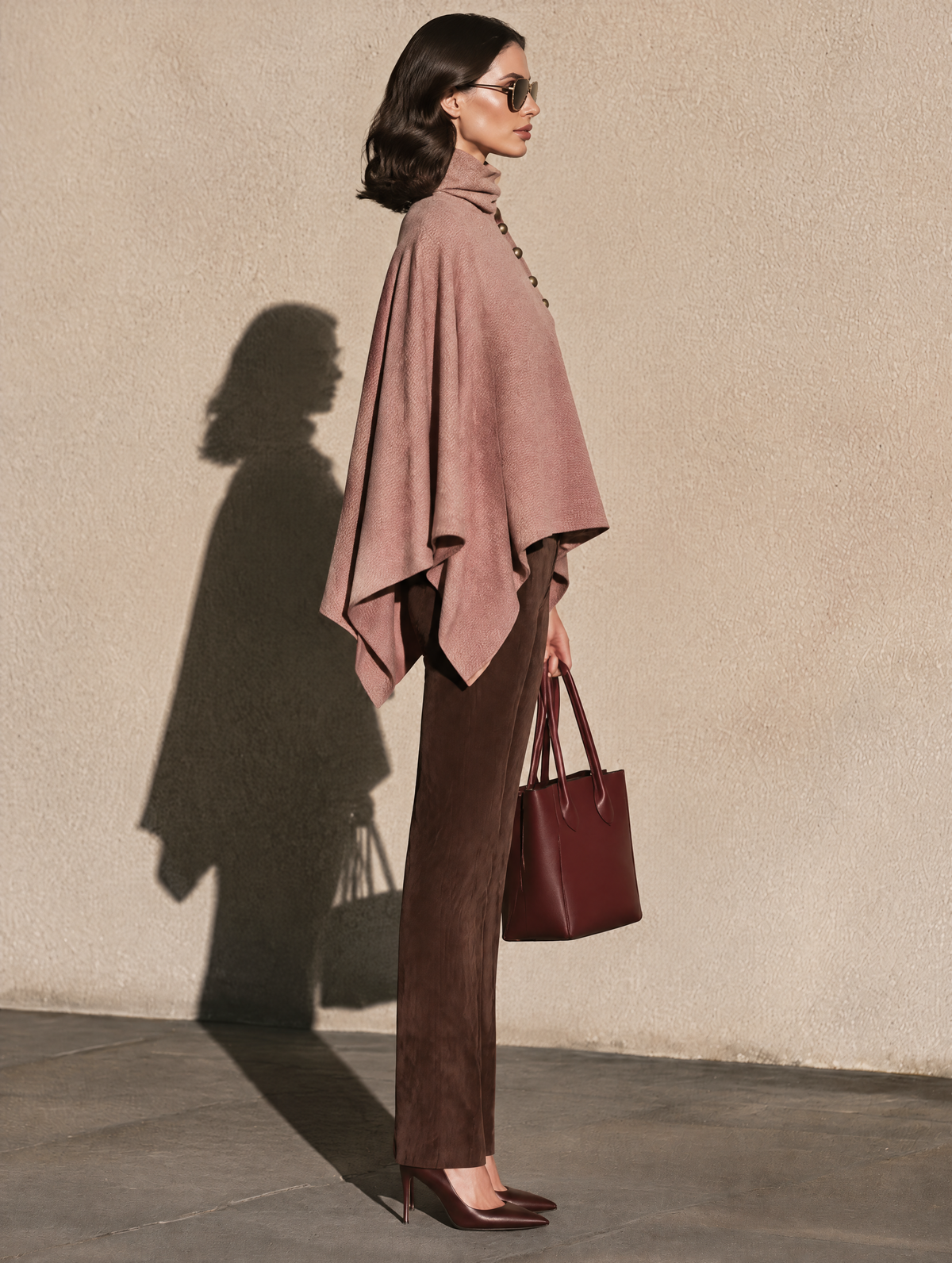 Dusty Rose Turtleneck Cape Poncho With Antique Gold Shoulder Buttons