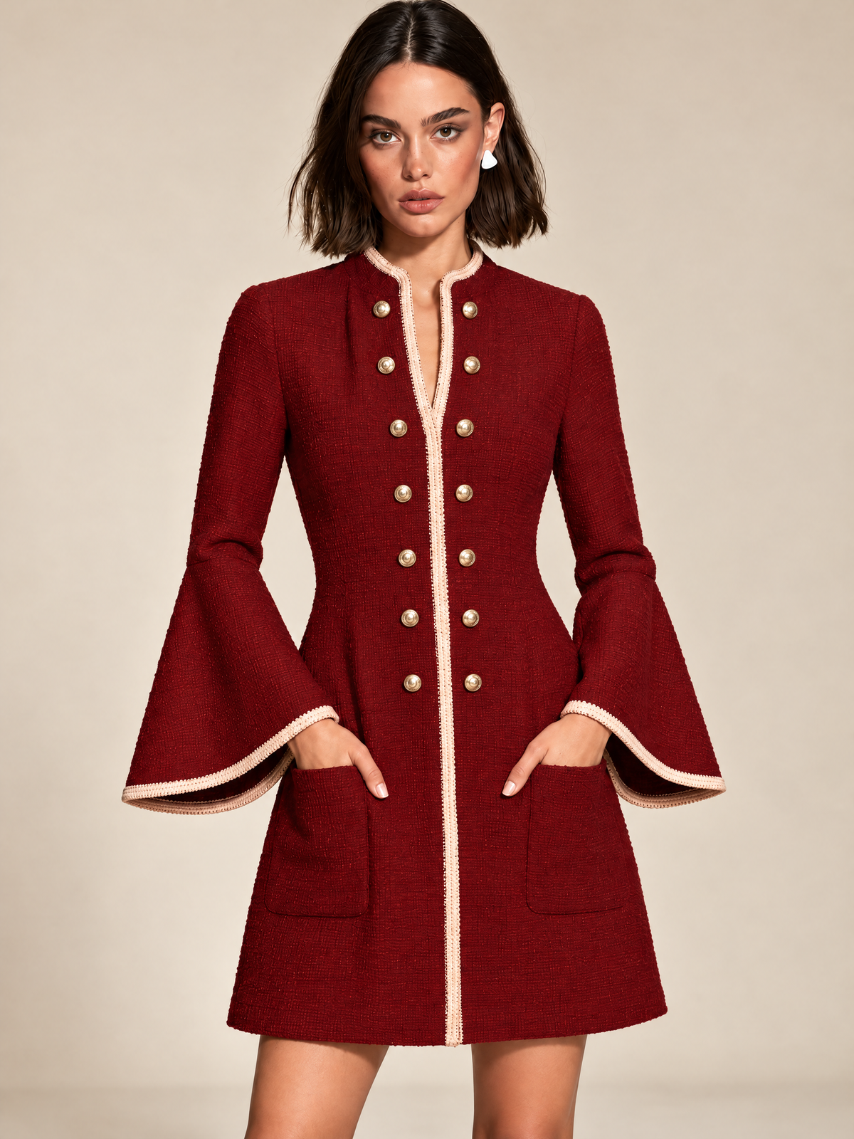 Burgundy Tweed Military Mini Dress With Contrast Pink Trim And Bell Sleeves