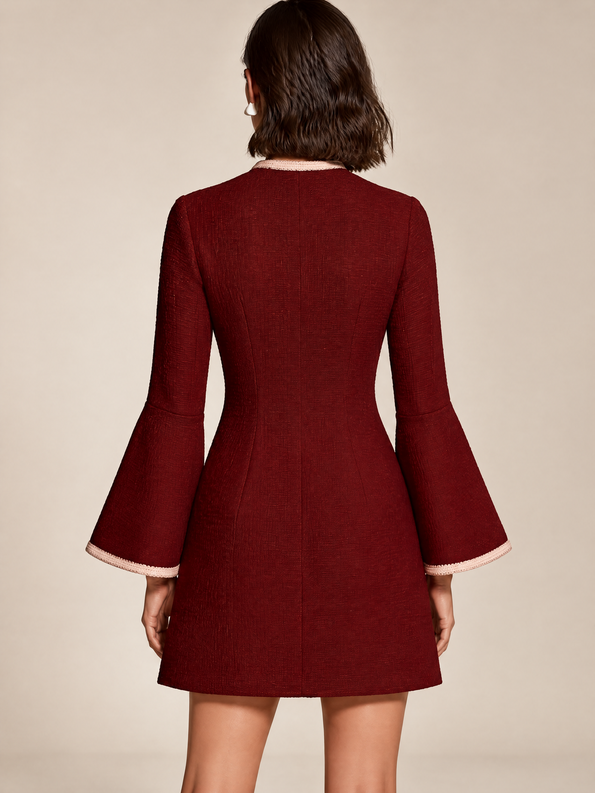 Burgundy Tweed Military Mini Dress With Contrast Pink Trim And Bell Sleeves
