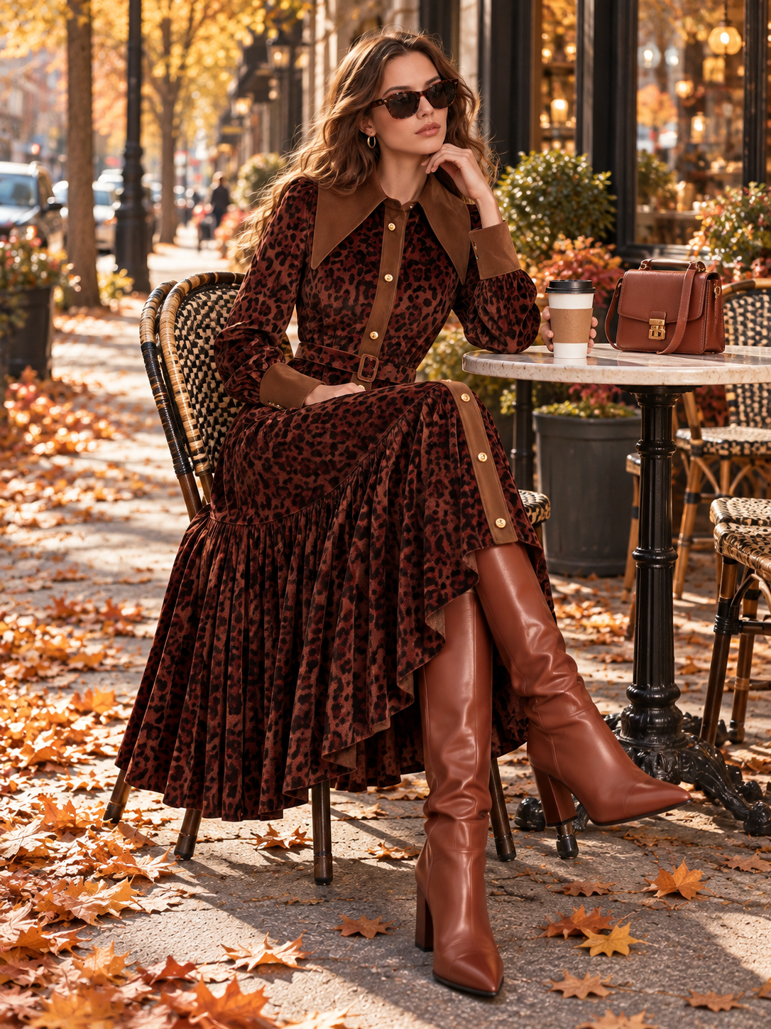 Brown Leopard Print Velvet Belted Shirt Dress With Contrast Collar And Pleated Hem