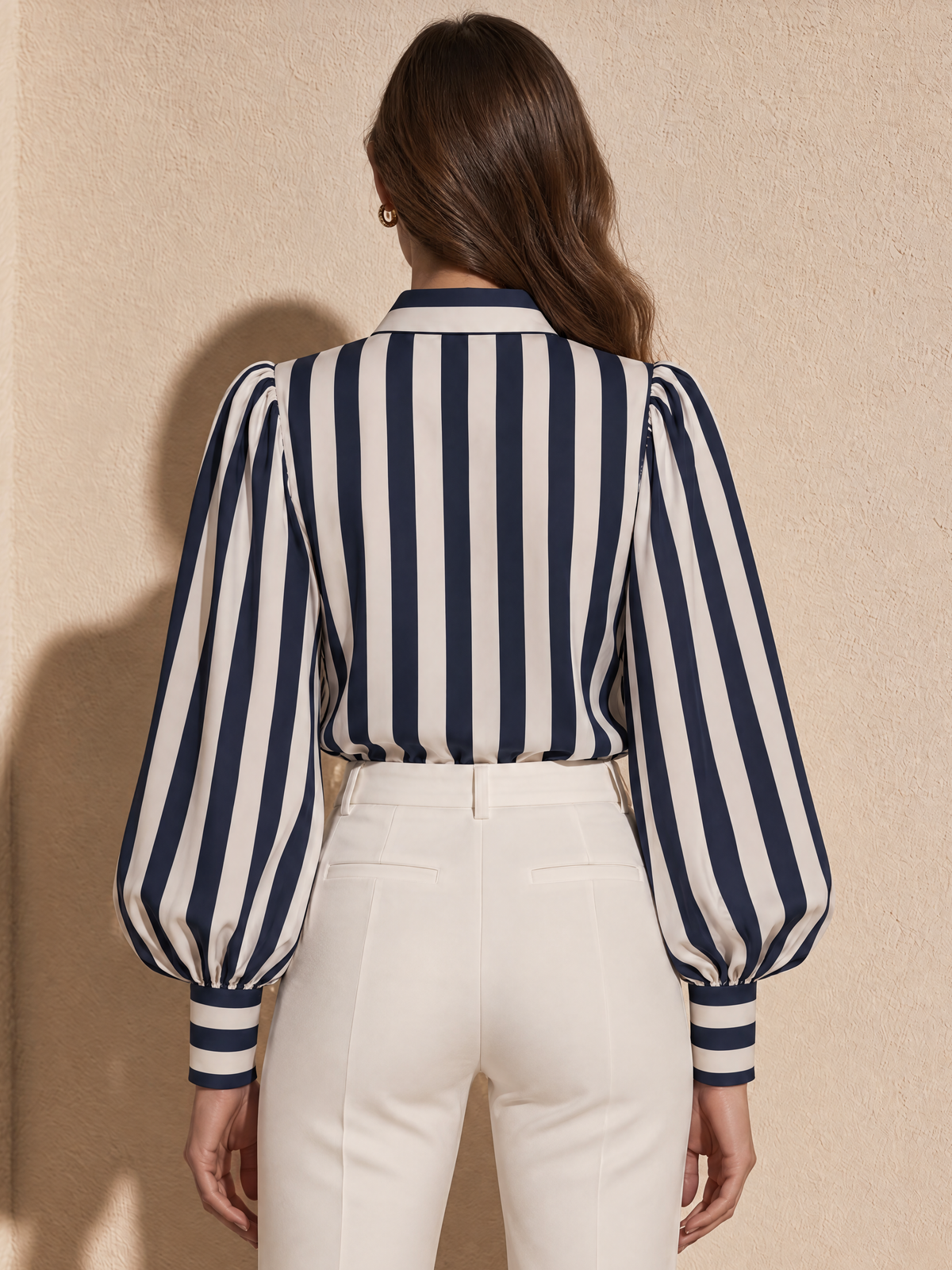 Navy Blue And White Striped Bow-Tie Blouse