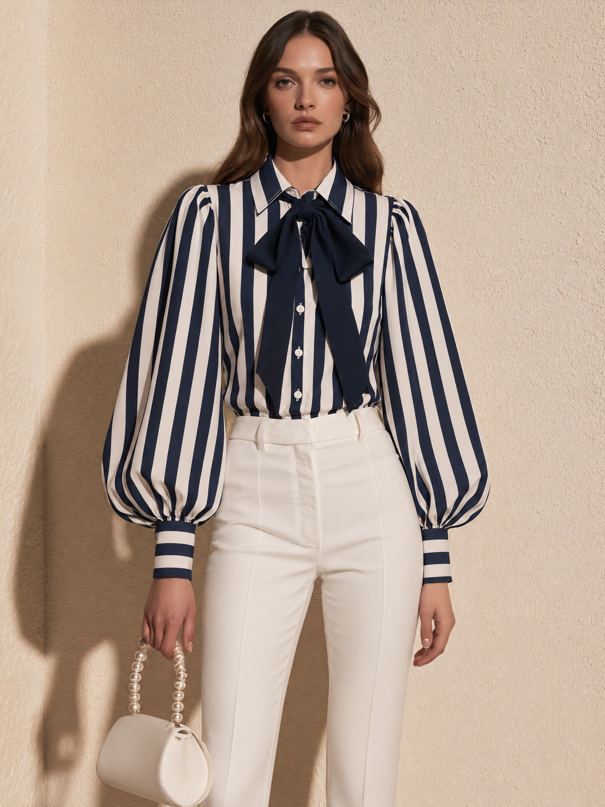 Navy Blue And White Striped Bow-Tie Blouse
