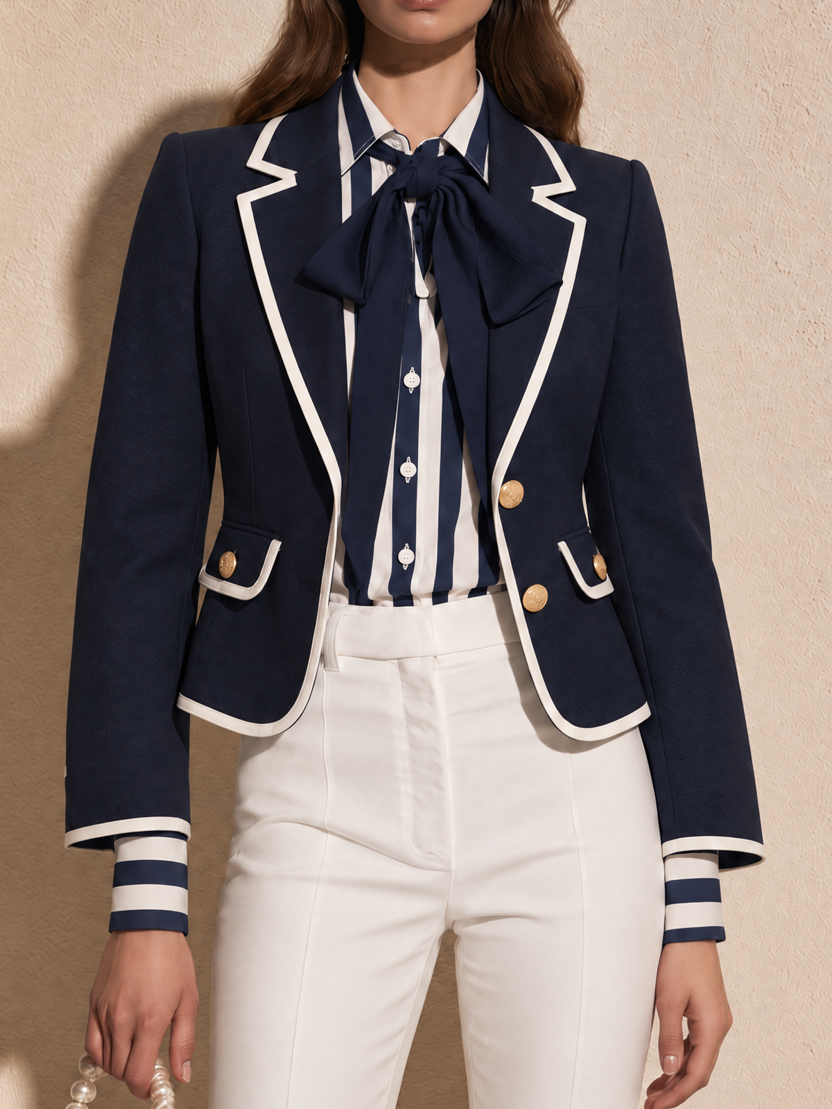 Navy Blue And White Contrast Trim Blazer