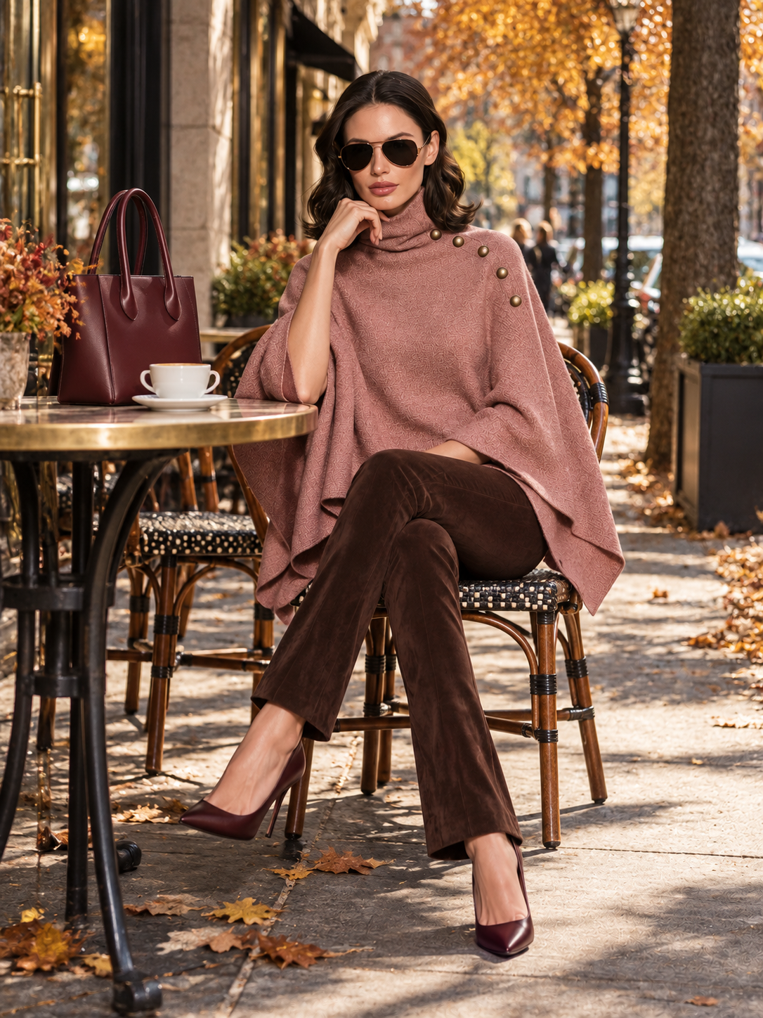 Dusty Rose Turtleneck Cape Poncho With Antique Gold Shoulder Buttons