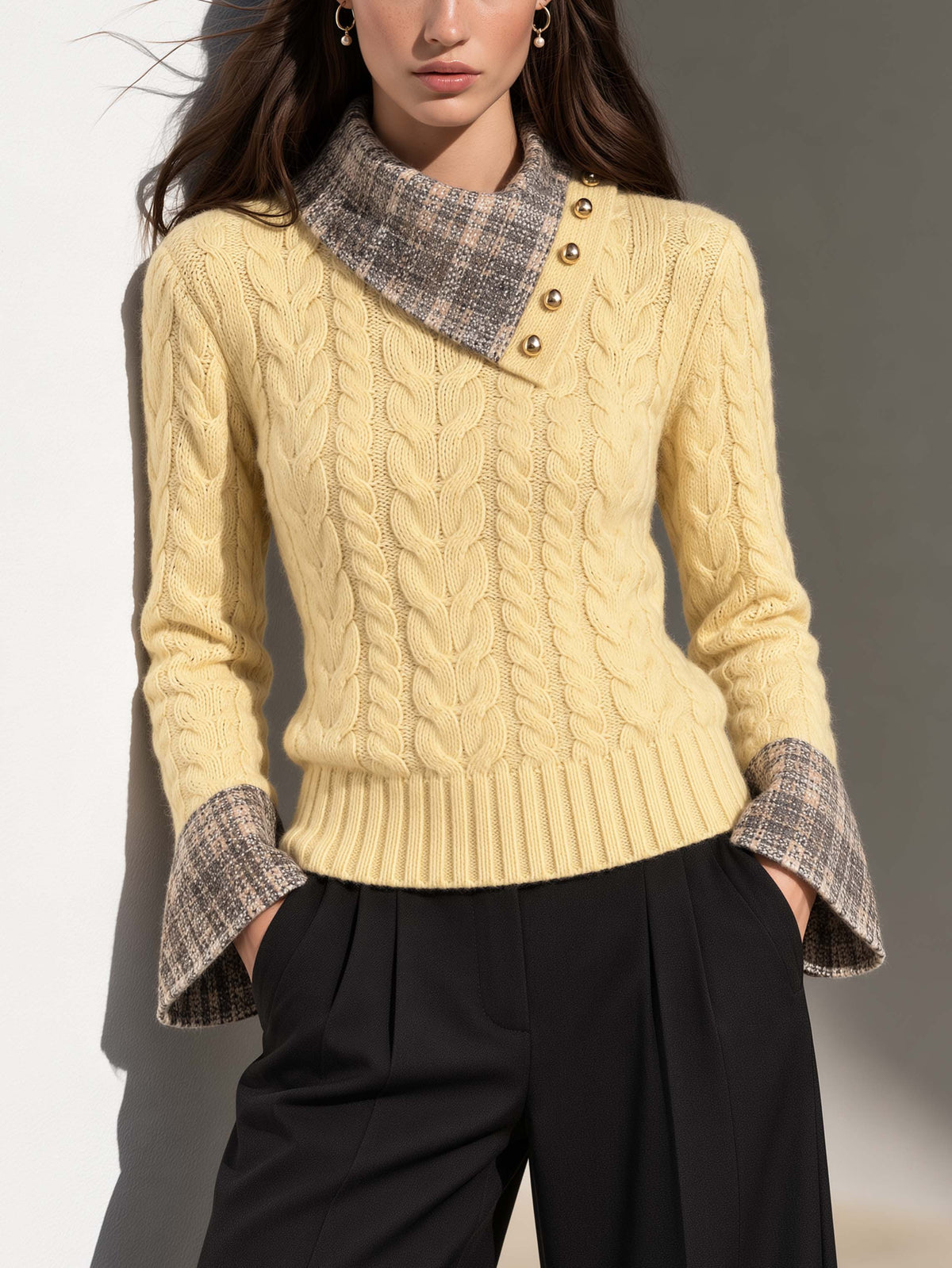 Yellow Cable Knit Sweater With Plaid Asymmetric Collar