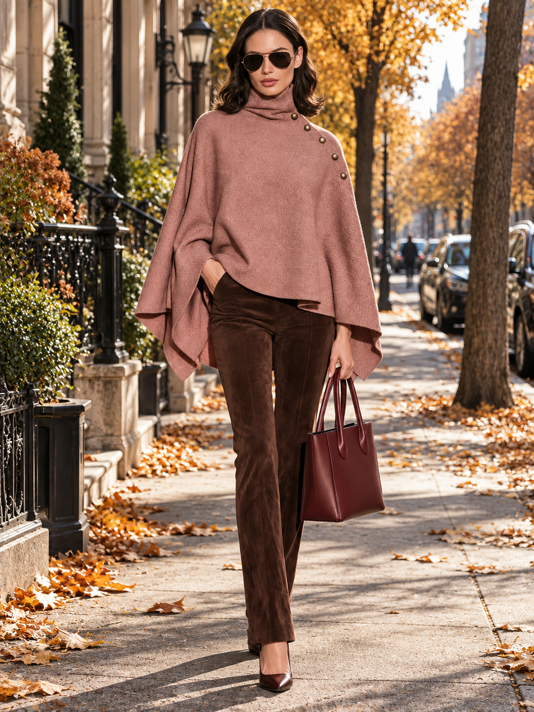 Dusty Rose Turtleneck Cape Poncho With Antique Gold Shoulder Buttons
