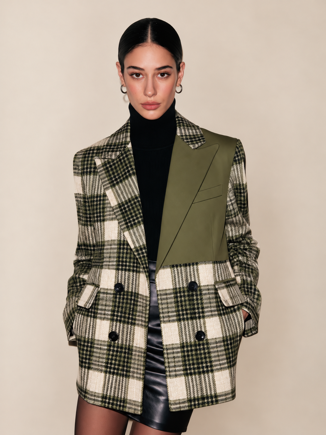 Olive Plaid Double-Breasted Blazer With Contrast Solid Panel