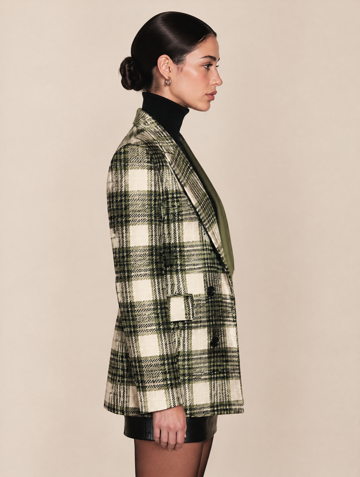 Olive Plaid Double-Breasted Blazer With Contrast Solid Panel
