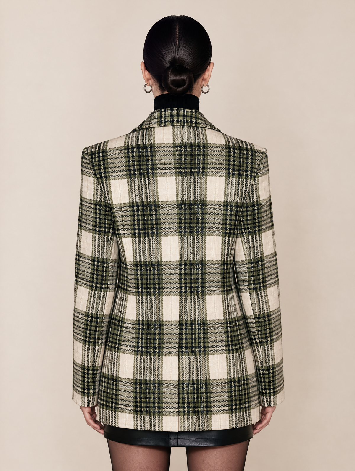 Olive Plaid Double-Breasted Blazer With Contrast Solid Panel