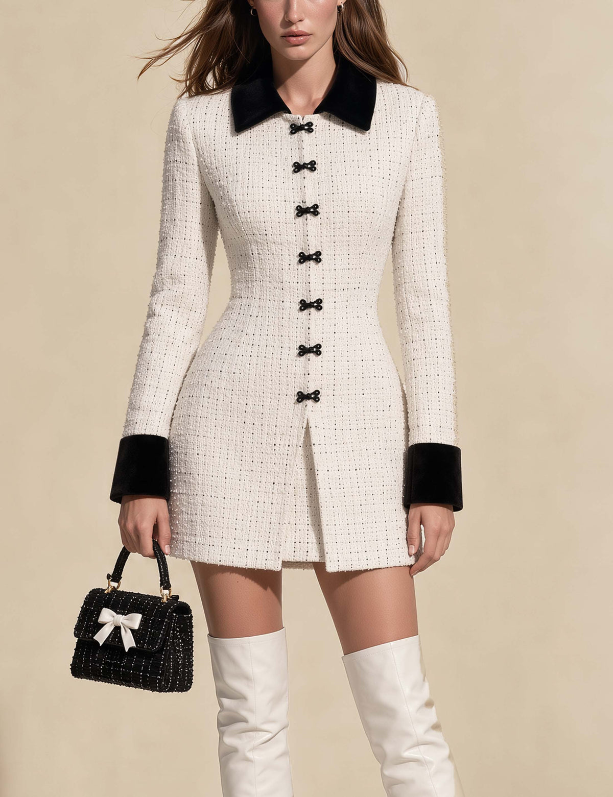 Black White Contrast Velvet Cuff Tweed Dress