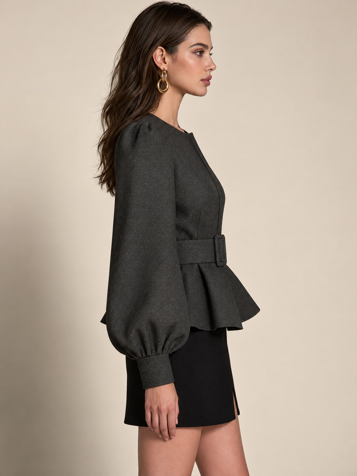 Charcoal Textured Belted Peplum Jacket With Balloon Sleeves