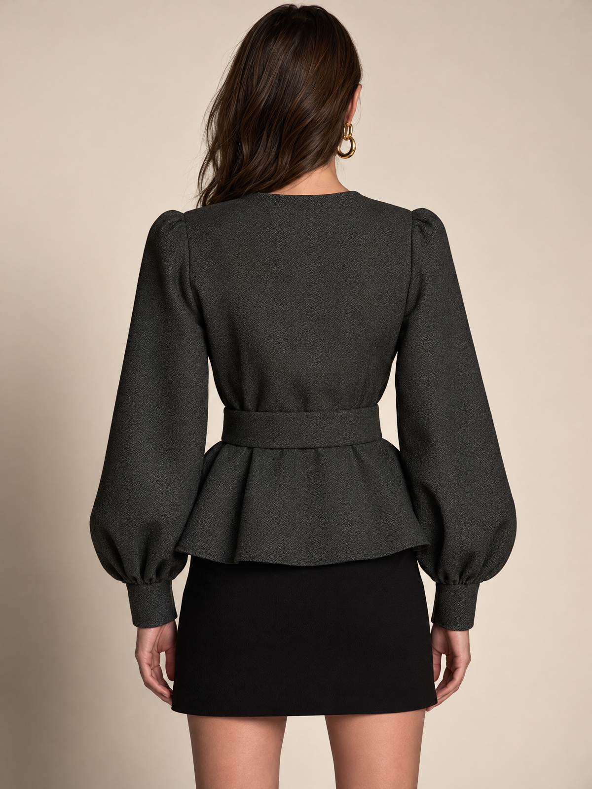 Charcoal Textured Belted Peplum Jacket With Balloon Sleeves