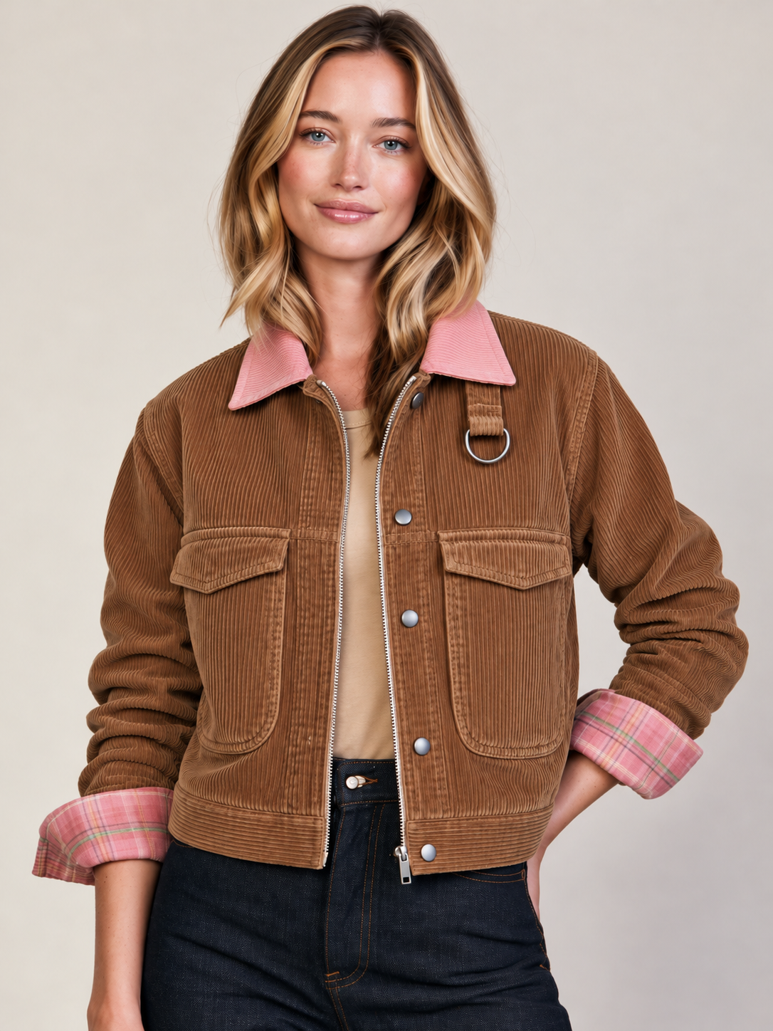 Tan Corduroy Trucker Jacket With Contrast Pink Collar And Plaid Lining