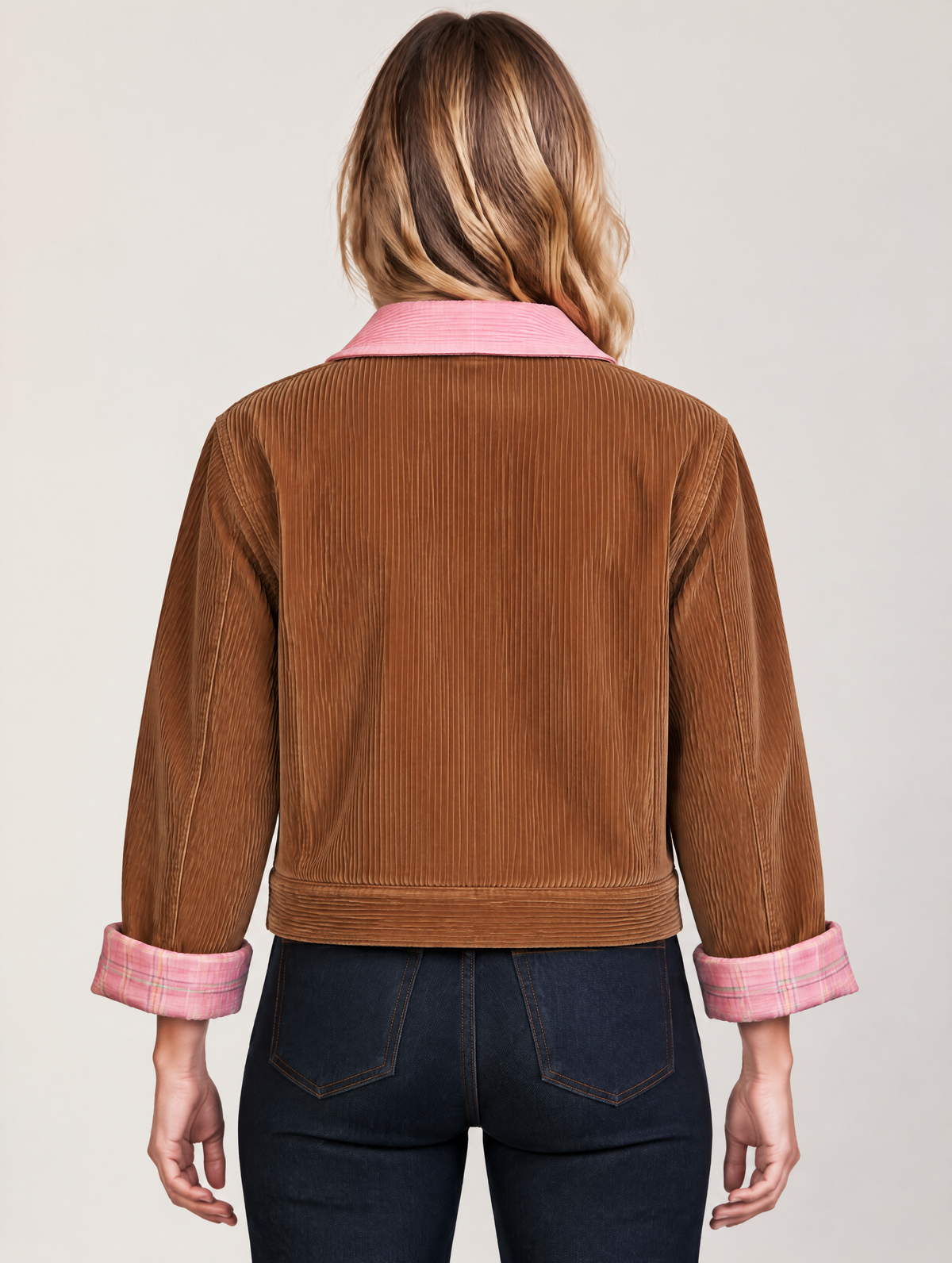 Tan Corduroy Trucker Jacket With Contrast Pink Collar And Plaid Lining