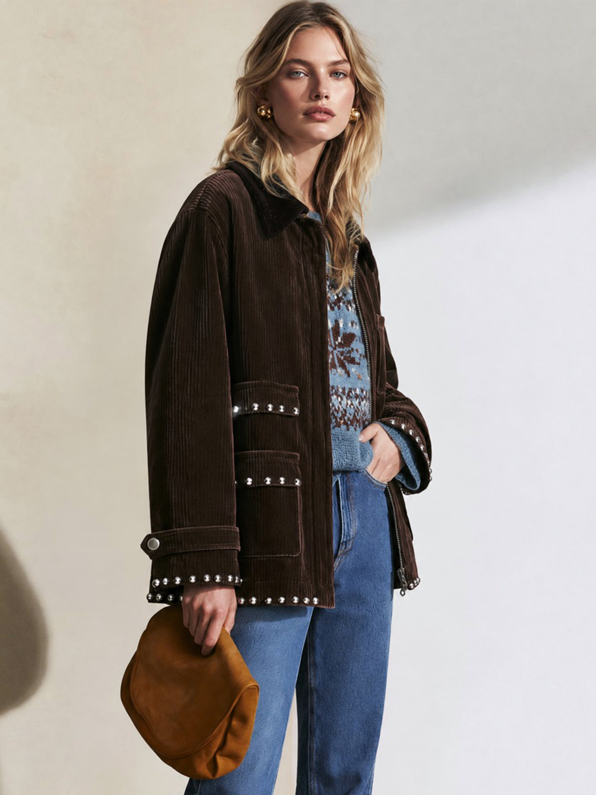 Chocolate Brown Studded Corduroy Zip-Up Jacket