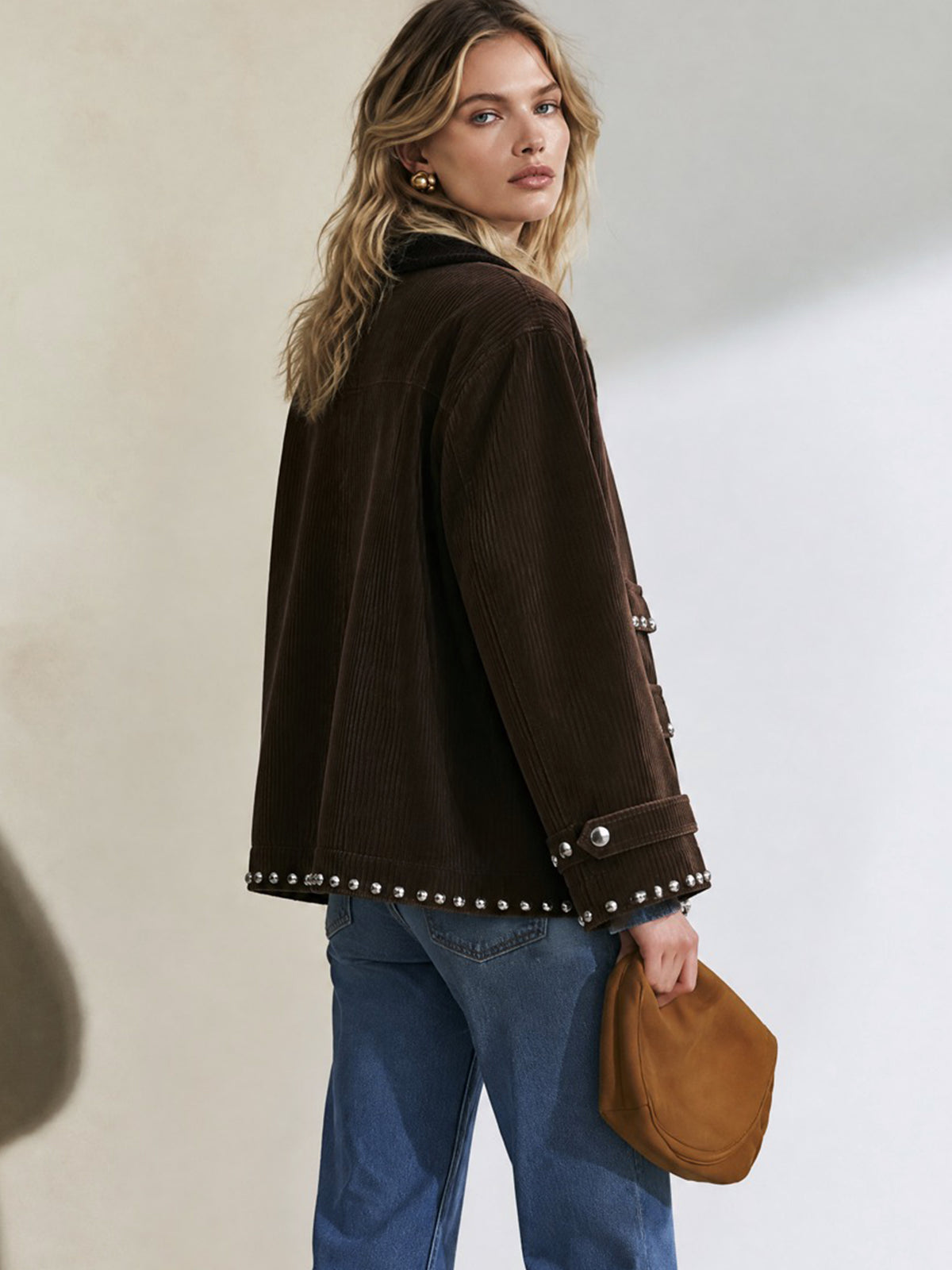 Chocolate Brown Studded Corduroy Zip-Up Jacket