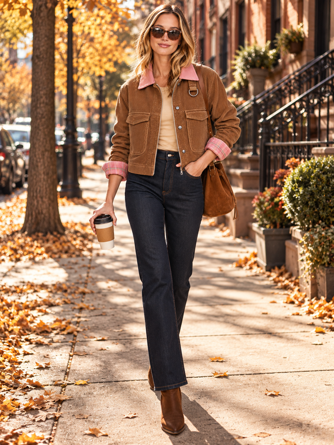 Tan Corduroy Trucker Jacket With Contrast Pink Collar And Plaid Lining