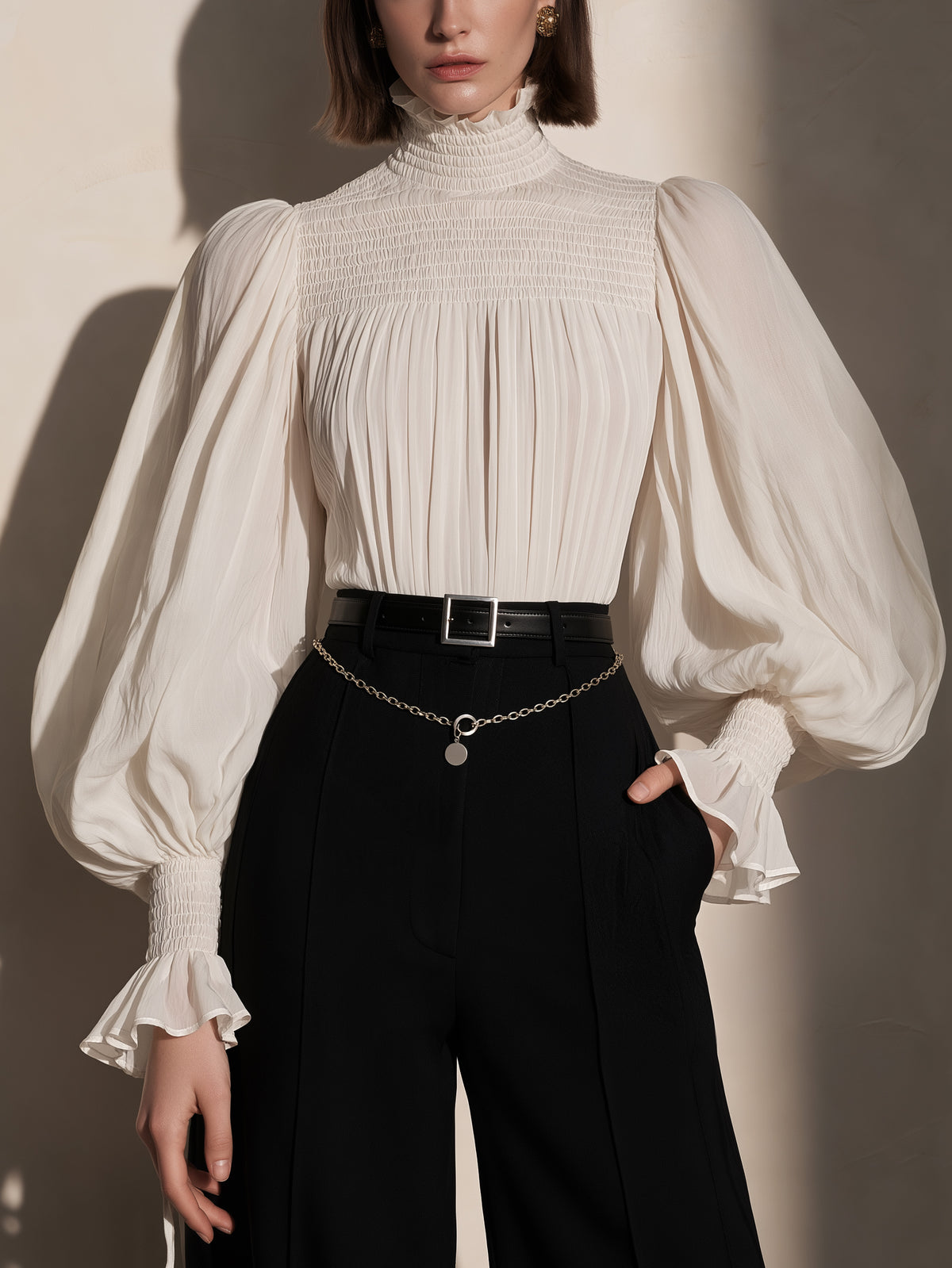 Ivory Smocked Ruffle High Neck Balloon Sleeve Blouse