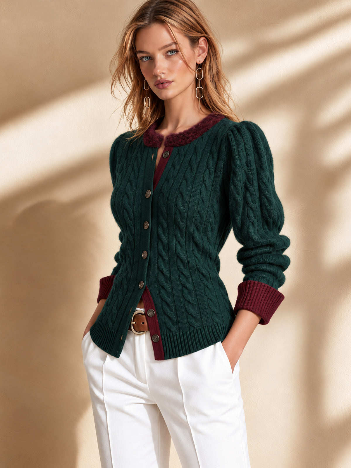 Contrast Trim Cable Knit Cardigan Sweater