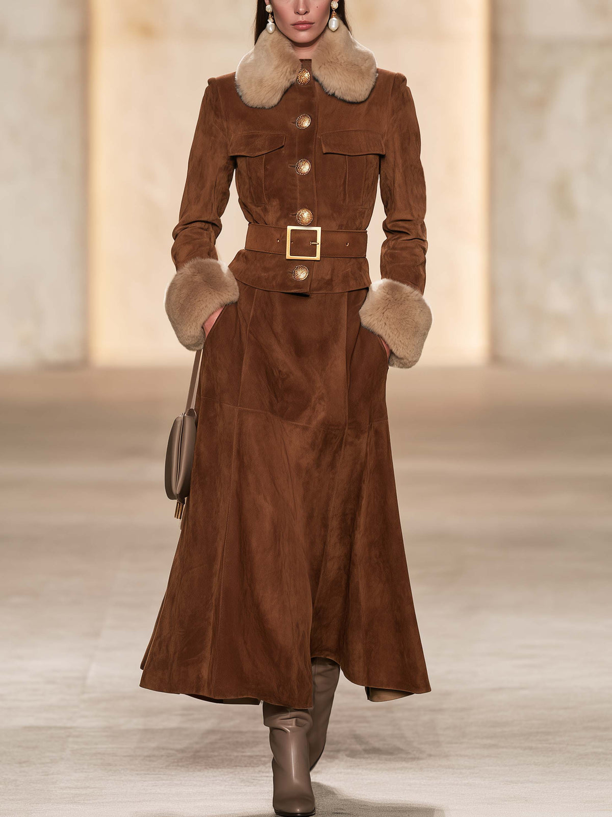 Brown Suede Fur Collar Midi Skirt Set