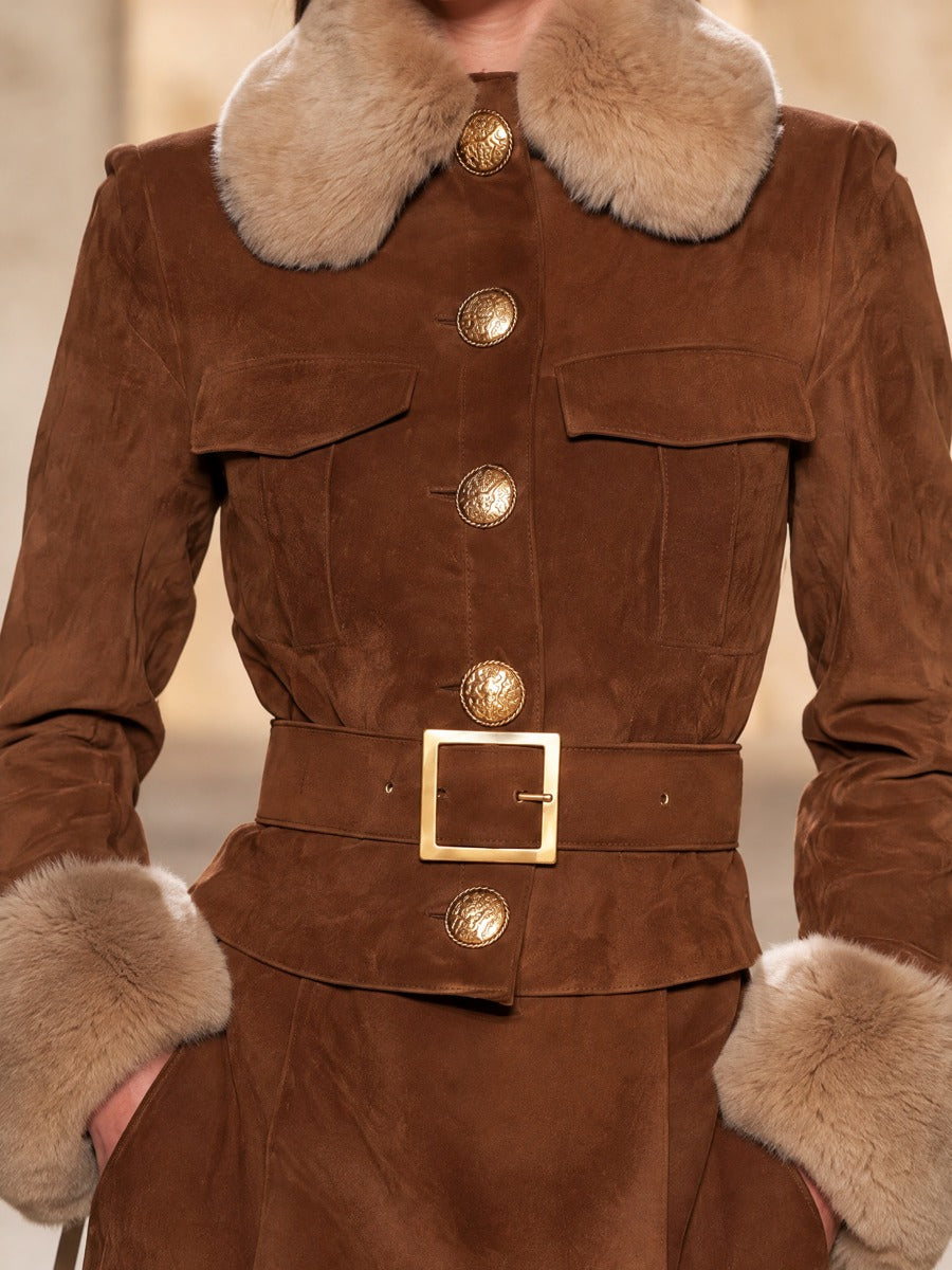 Brown Suede Fur Collar Midi Skirt Set