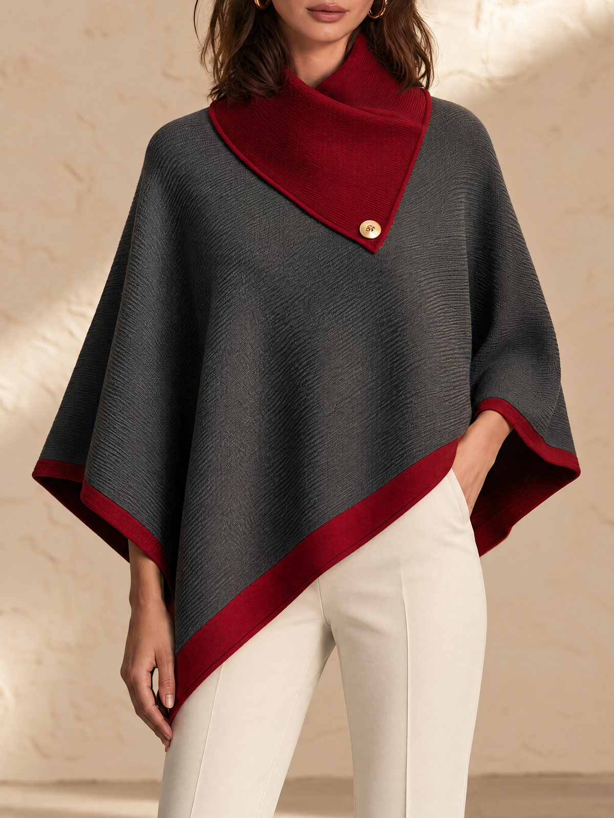 Charcoal Gray And Red Contrast Wool Knit Poncho