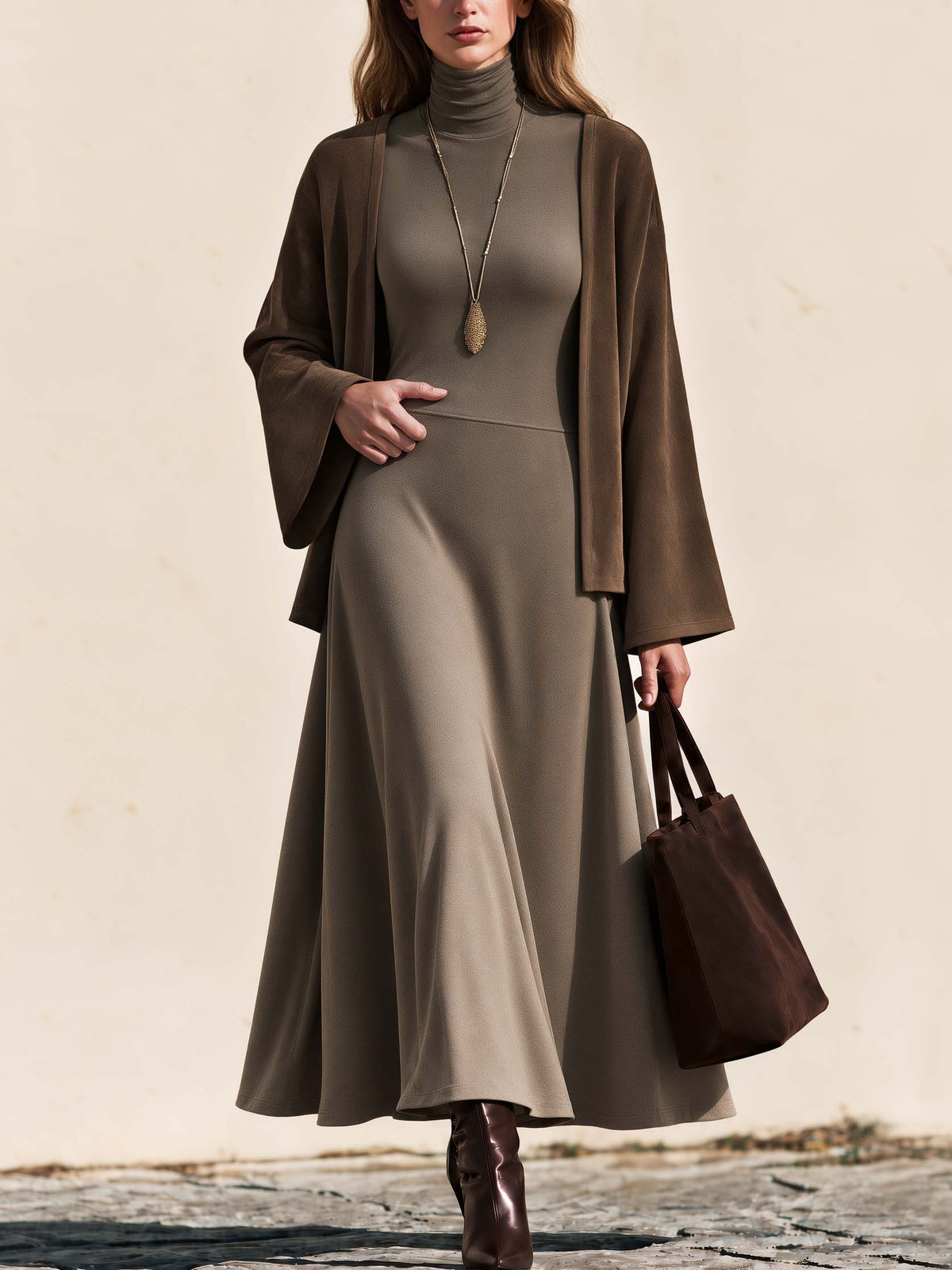 Earthy Colors Three-quarter Sleeves Turtleneck Midi Dress & Cardigan Set