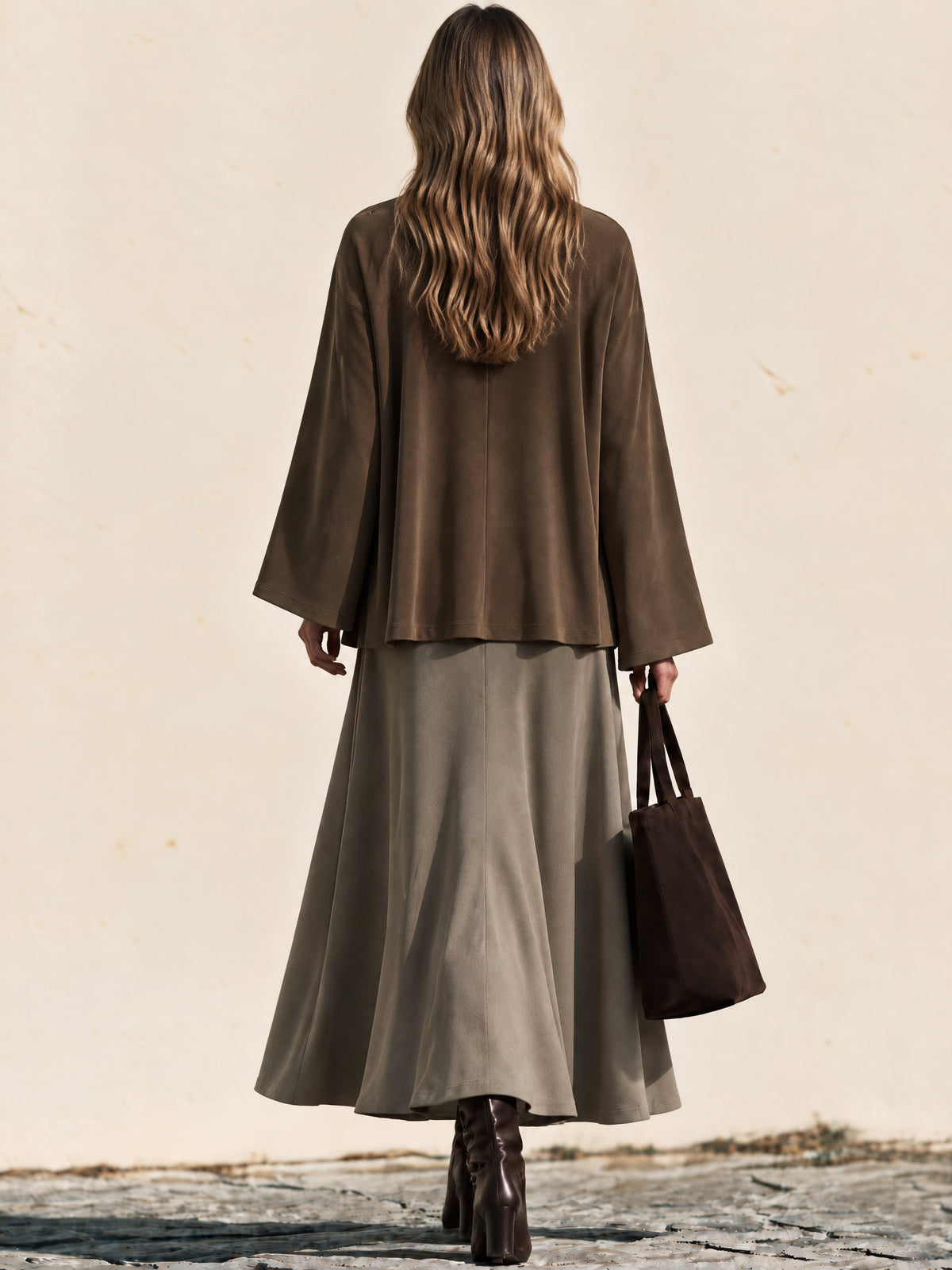 Earthy Colors Three-quarter Sleeves Turtleneck Midi Dress & Cardigan Set