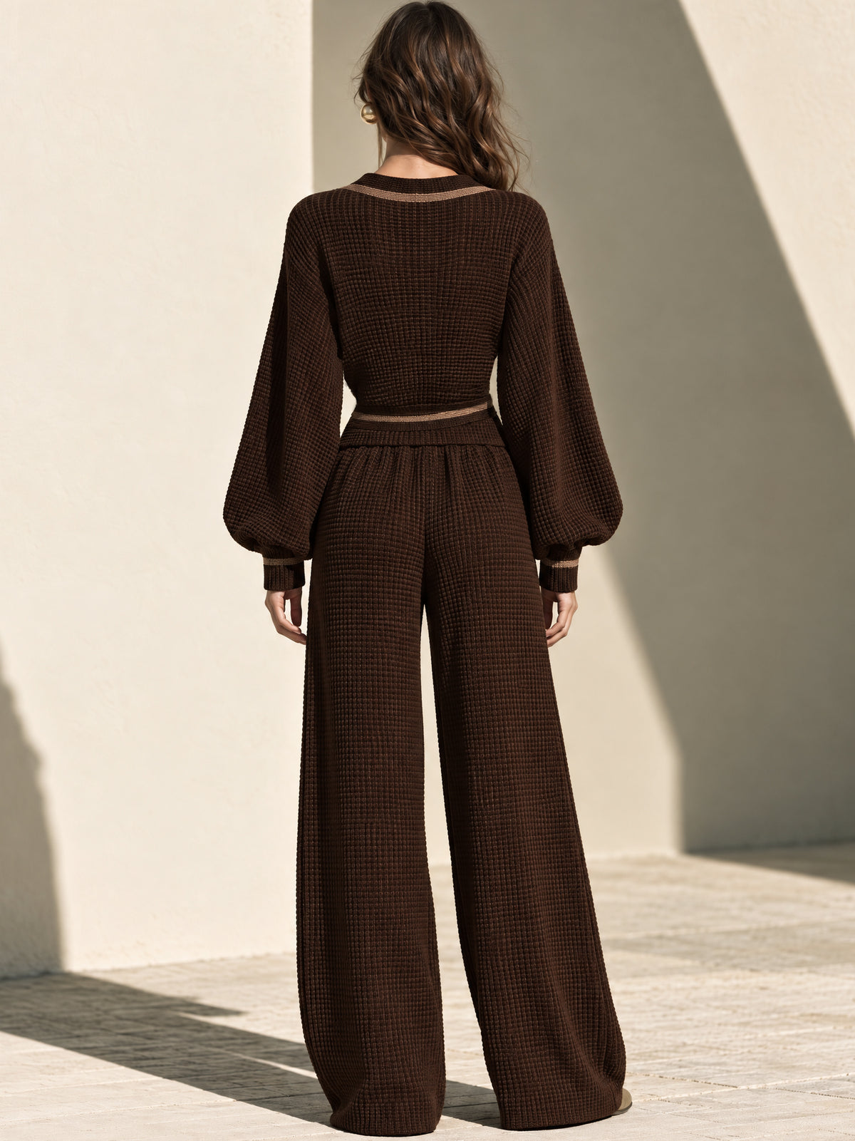 Contrast Trim Waffle Knit Wrap Top & Wide Leg Pant Set