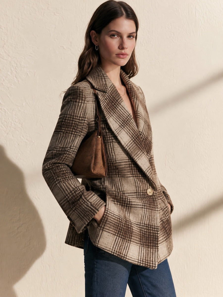 Brown Plaid Wool Blend Double Breasted Loose Blazer