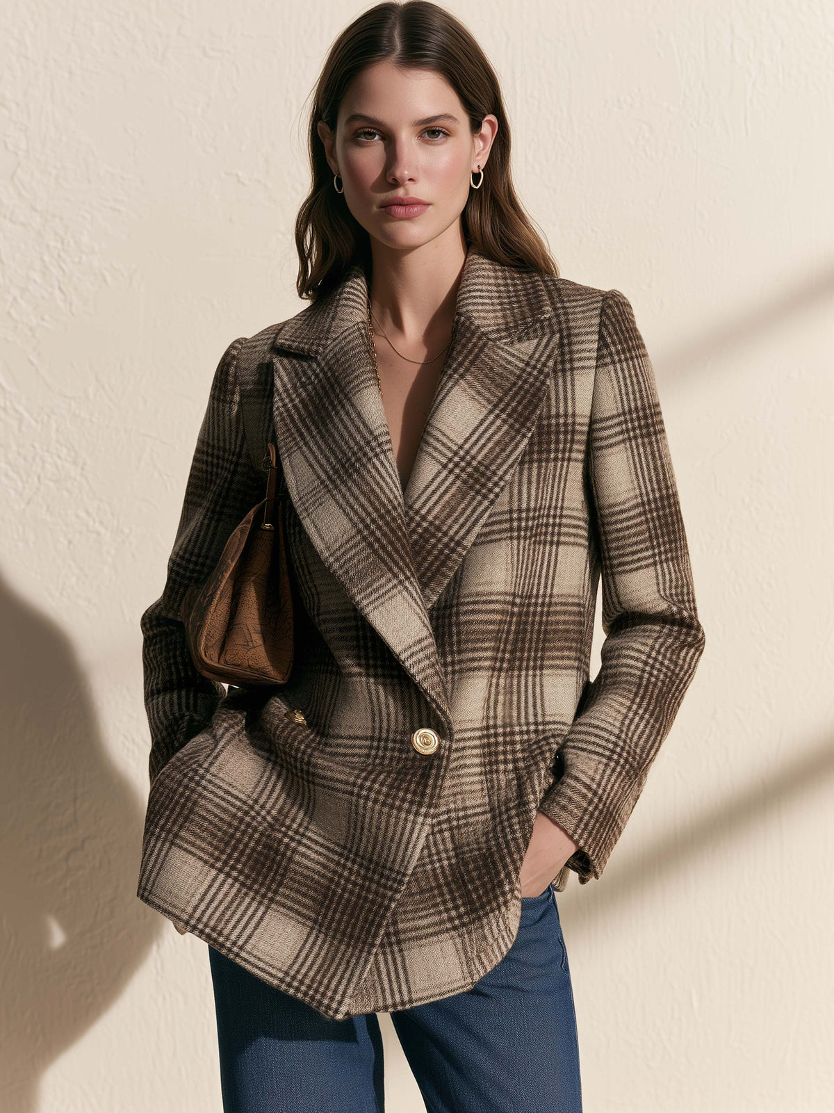Brown Plaid Wool Blend Double Breasted Loose Blazer