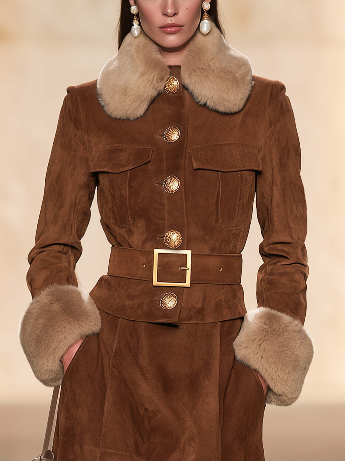 Caramel Detachable Fur Collar Waisted Jacket