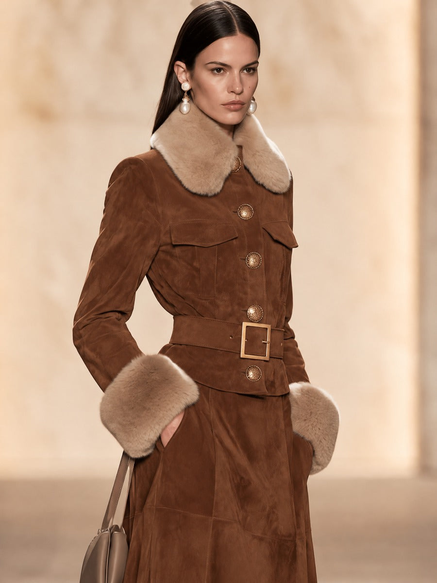 Caramel Detachable Fur Collar Waisted Jacket