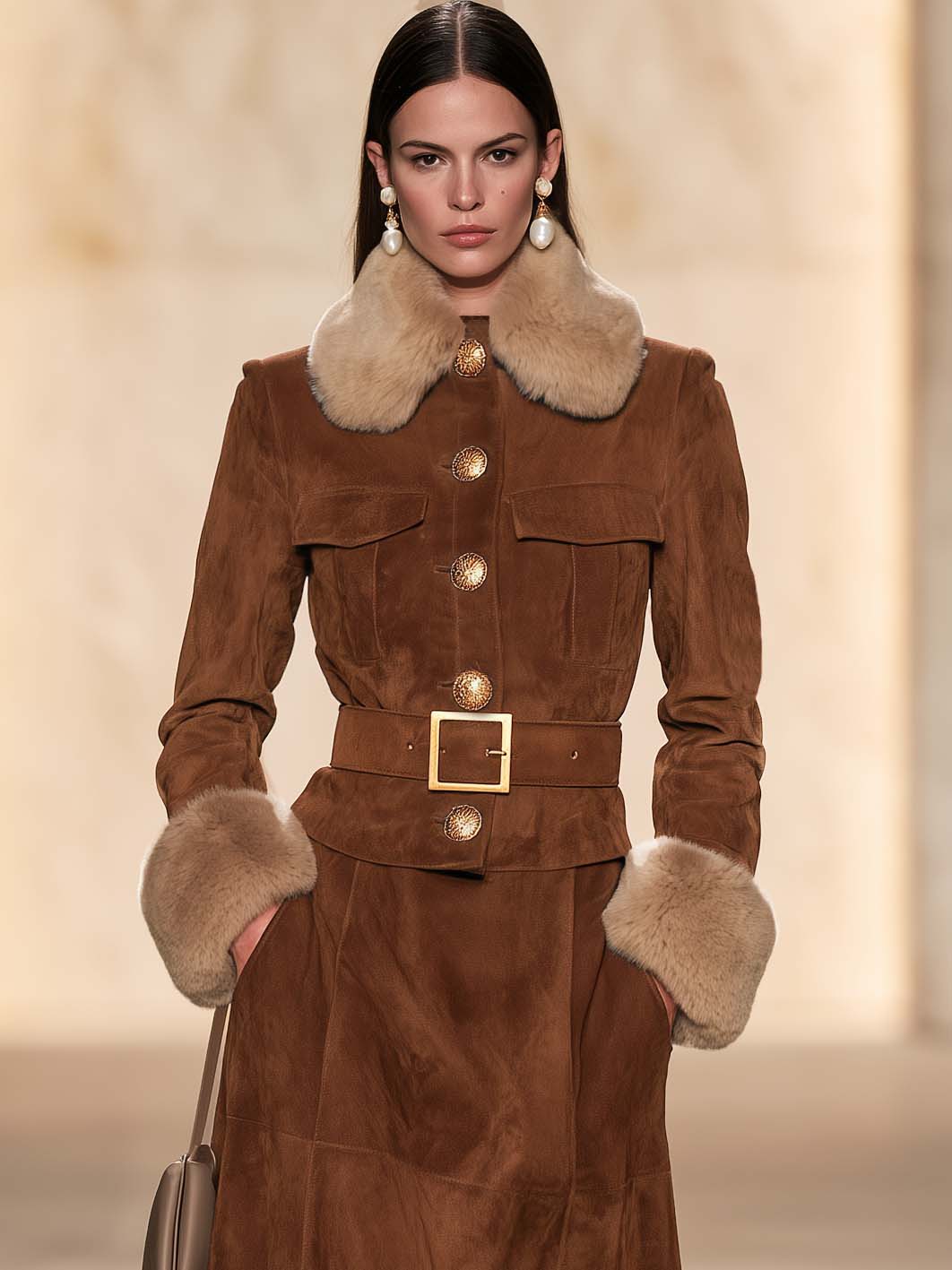 Caramel Detachable Fur Collar Waisted Jacket