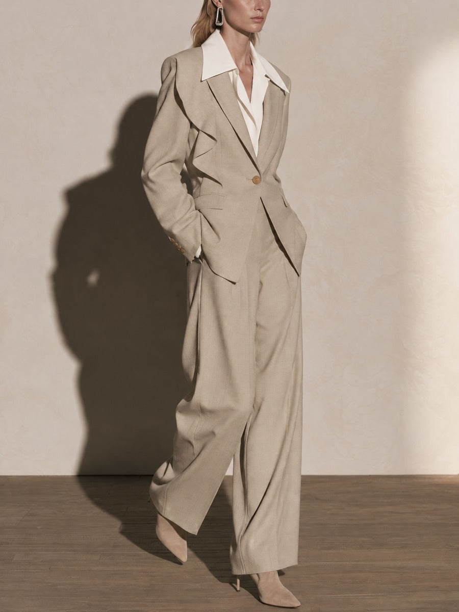 Oat Ruffle Trim Fitted Blazer & Wide Leg Pants Set